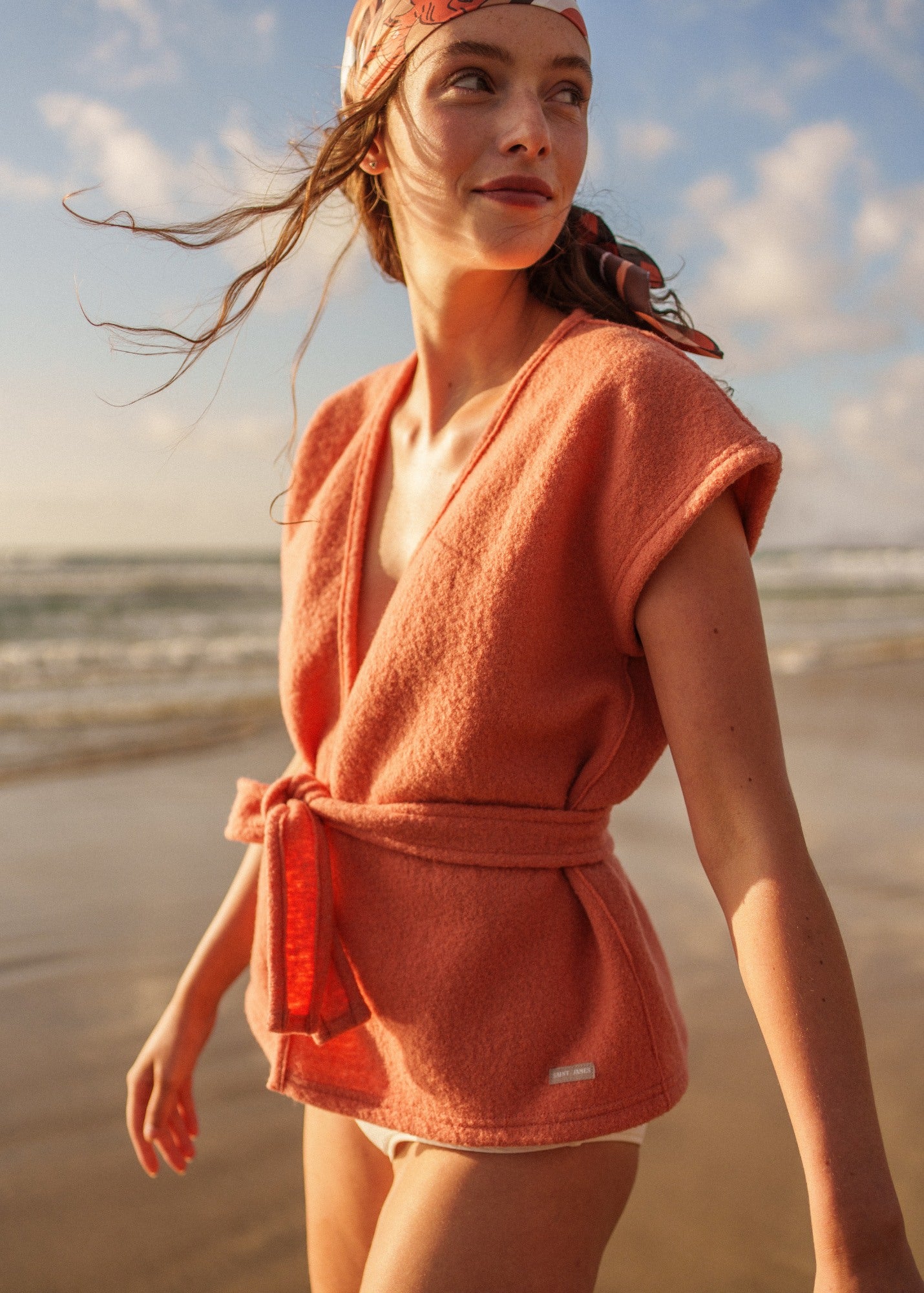 LANDEMER Boiled Wool Sleeveless Kimono Jacket (CLAY) • Saint James USA