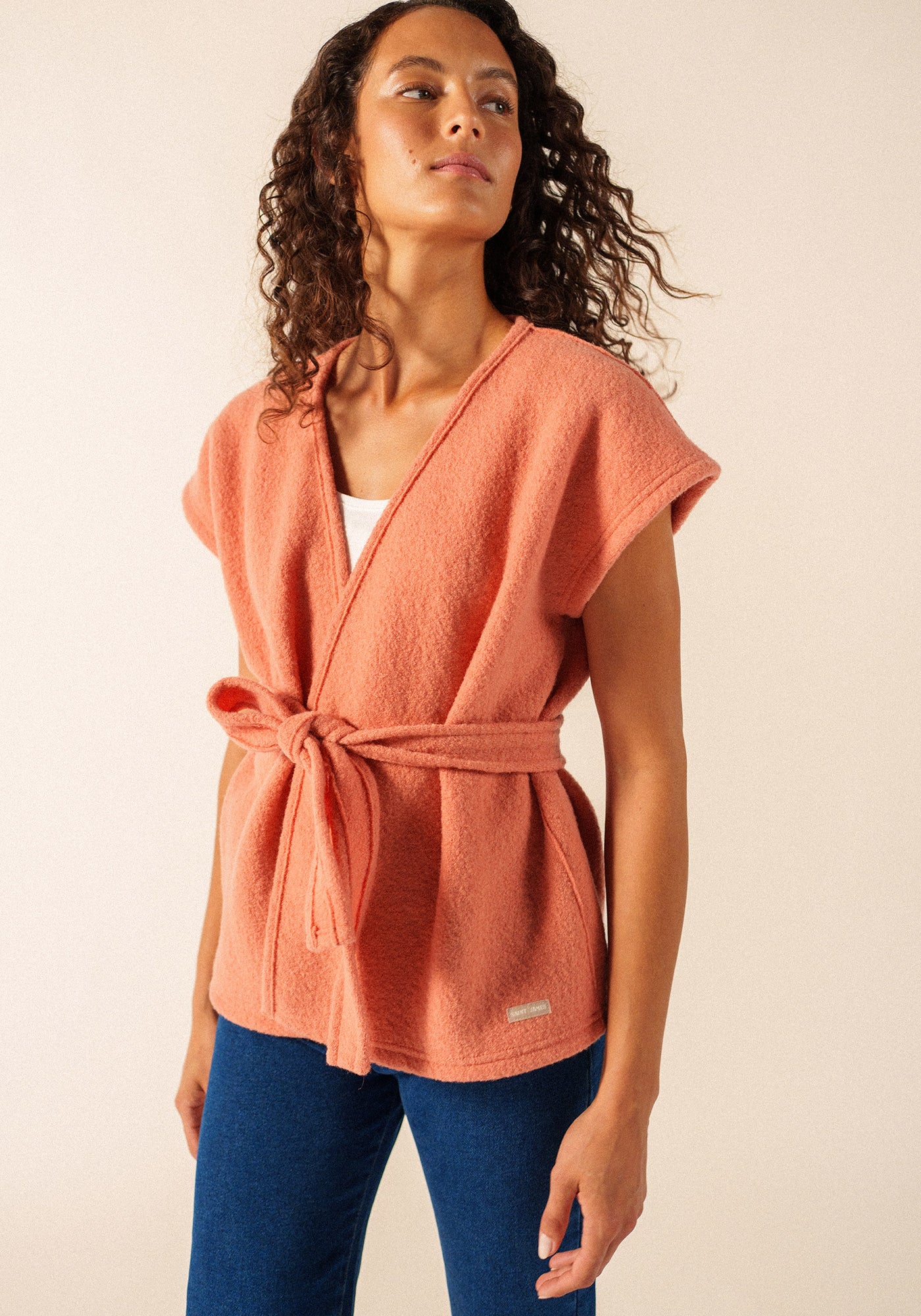 LANDEMER Wool Sleeveless Kimono Jacket (CLAY)