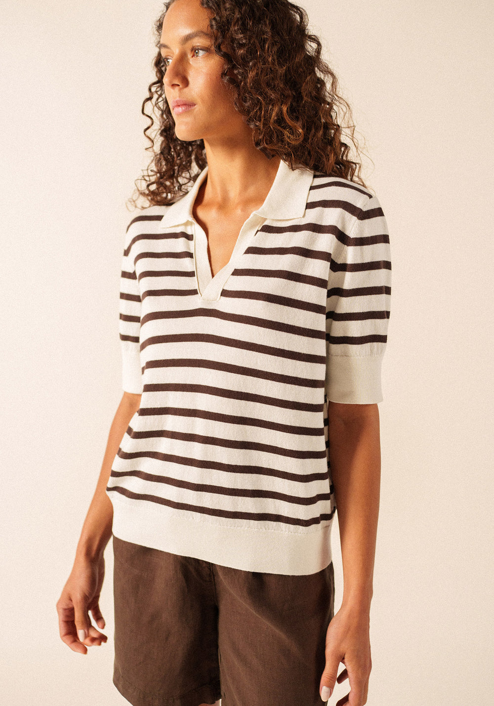 COIMBRA Striped Cotton & Cashmere Polo Sweater (IVORY / CHOCOLATE)