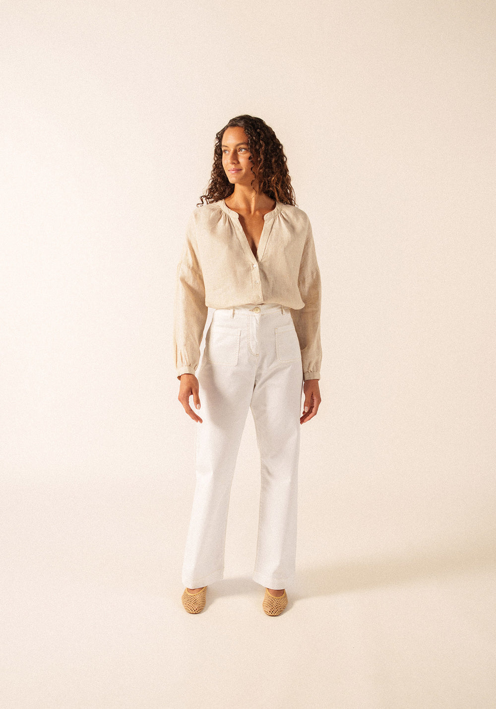 CHARLOTTE Striped Linen Voile Blouse (WHITE / CHOCOLATE)