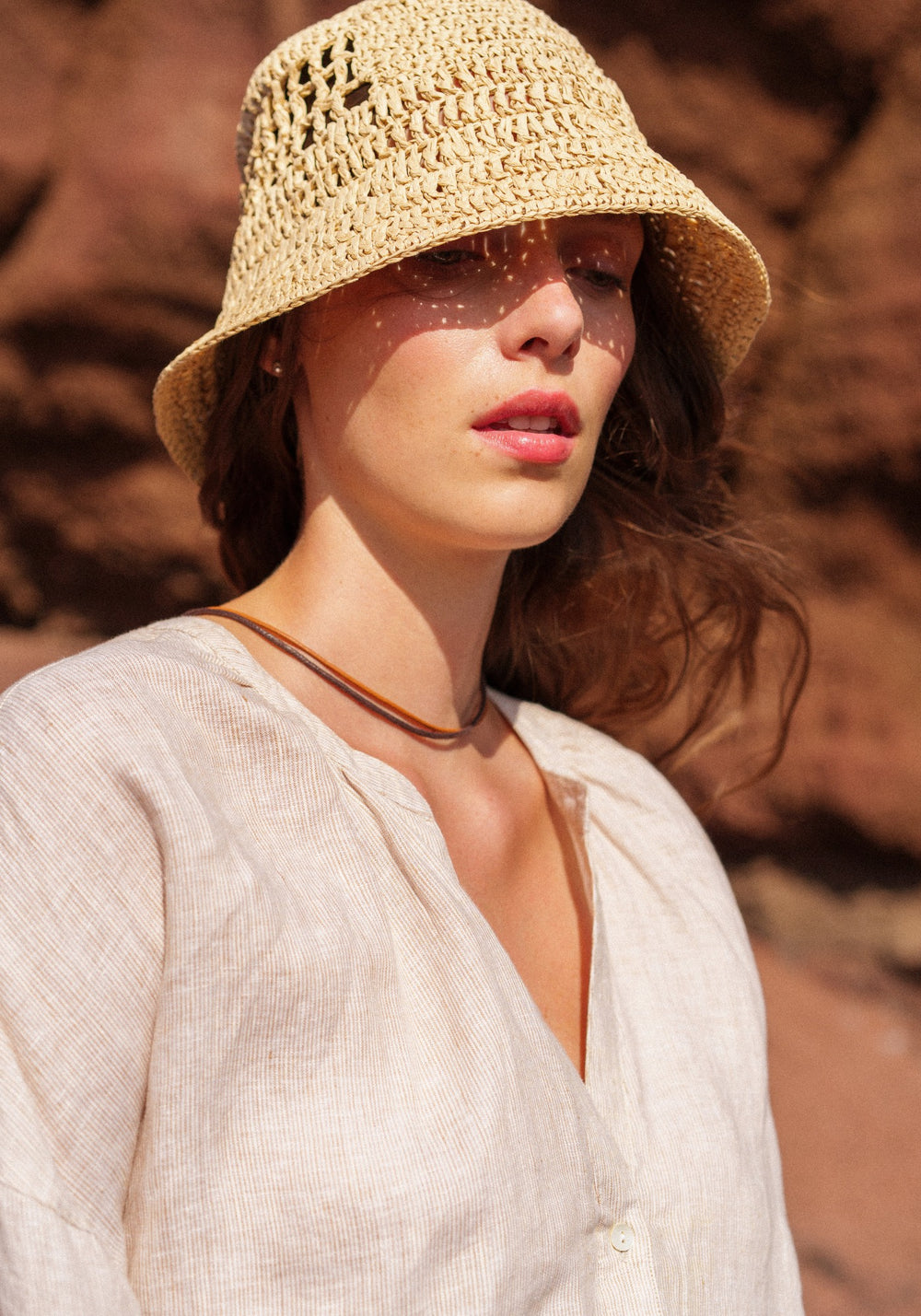 CHARLOTTE Striped Linen Voile Blouse (WHITE / CHOCOLATE)