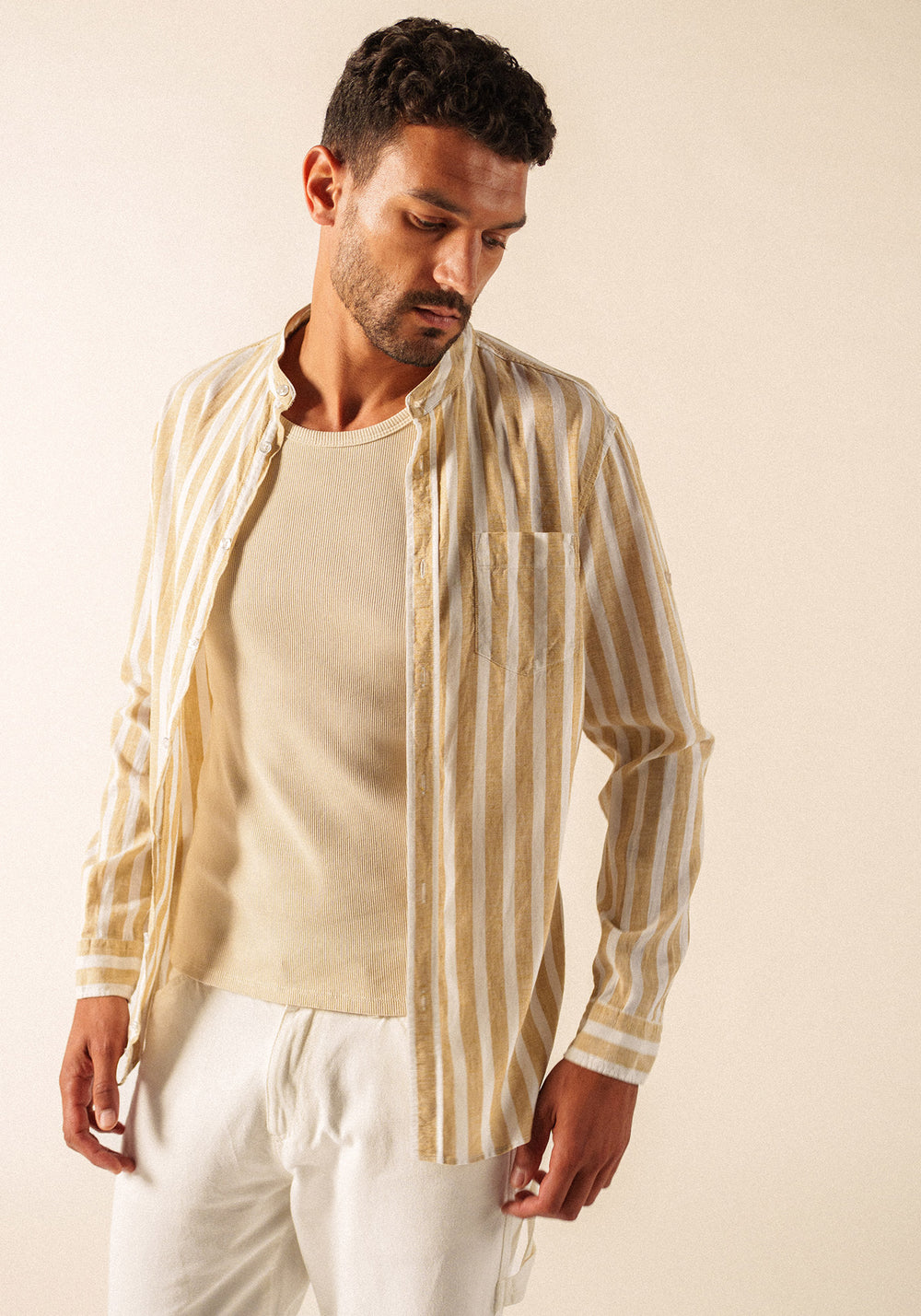 LIAM Striped Linen & Cotton Shirt (WHITE / BEIGE)