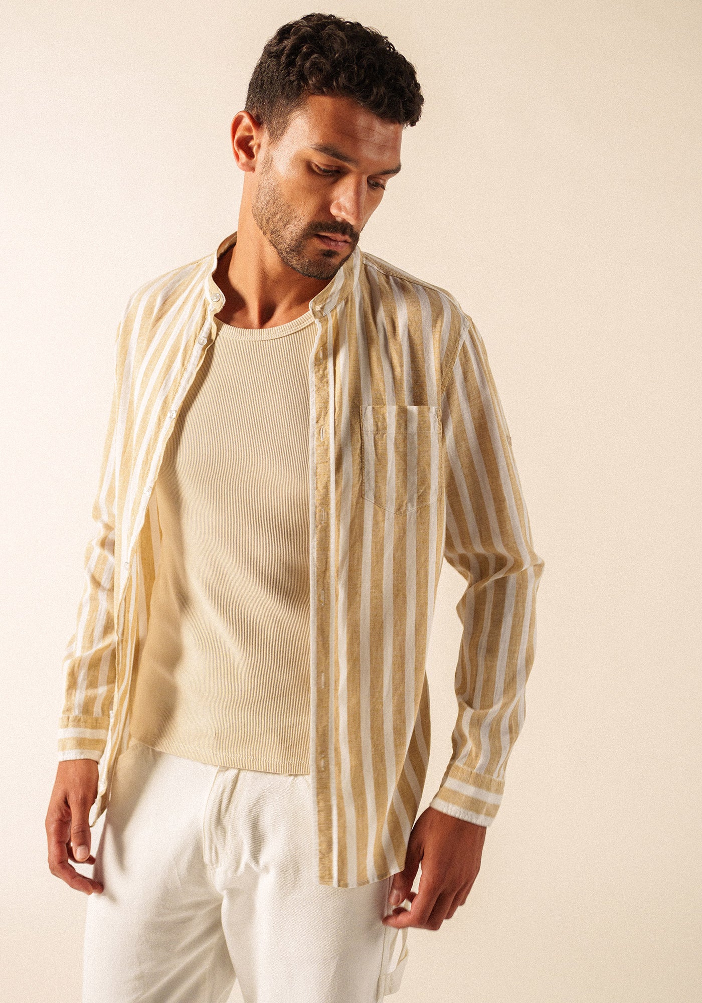 LIAM Striped Linen & Cotton Shirt (WHITE / BEIGE)