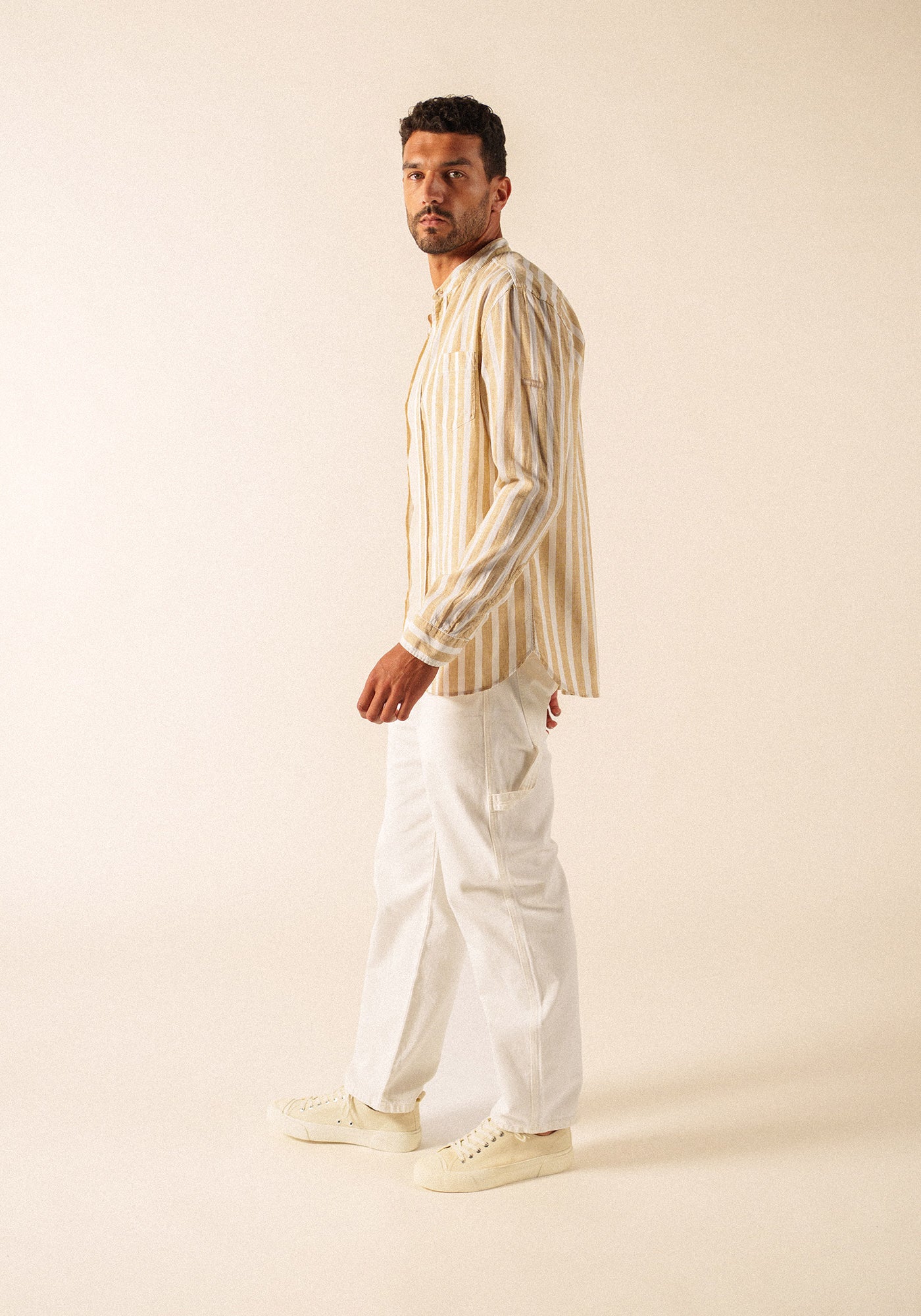 LIAM Striped Linen & Cotton Shirt (WHITE / BEIGE)