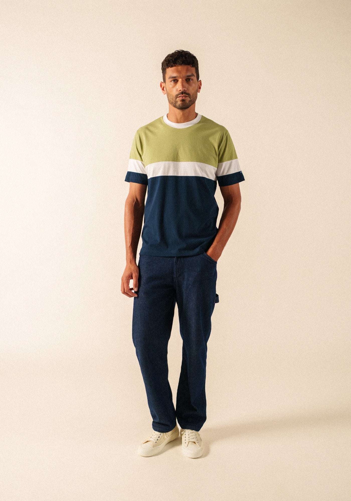PEYO Color Block Cotton T-Shirt (SAGE OLIVE / NAVY)
