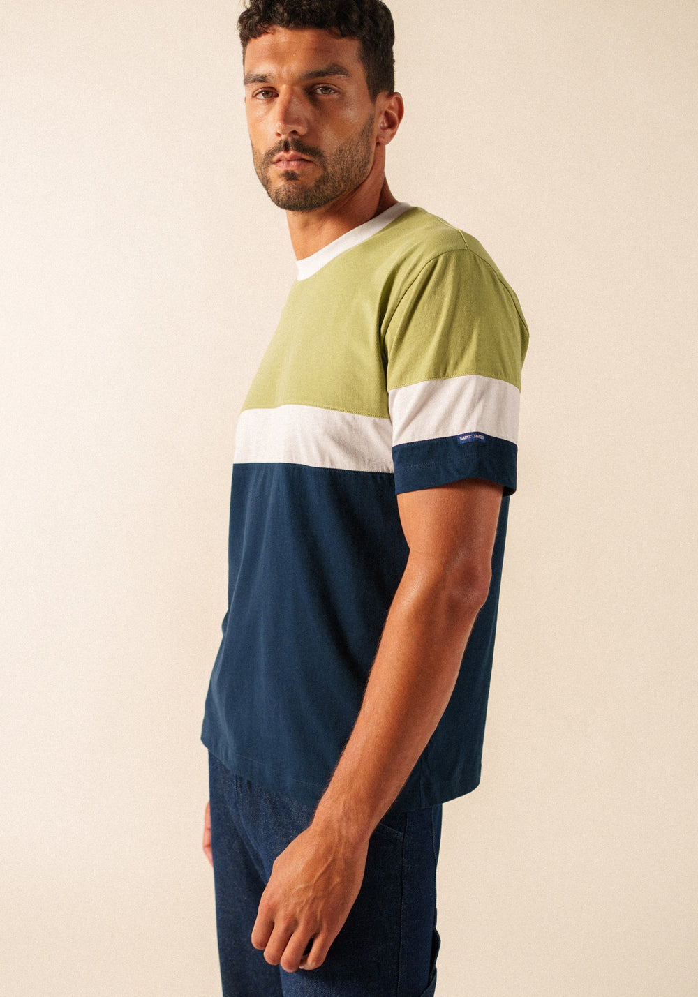 PEYO Color Block Cotton T-Shirt (SAGE OLIVE / NAVY)