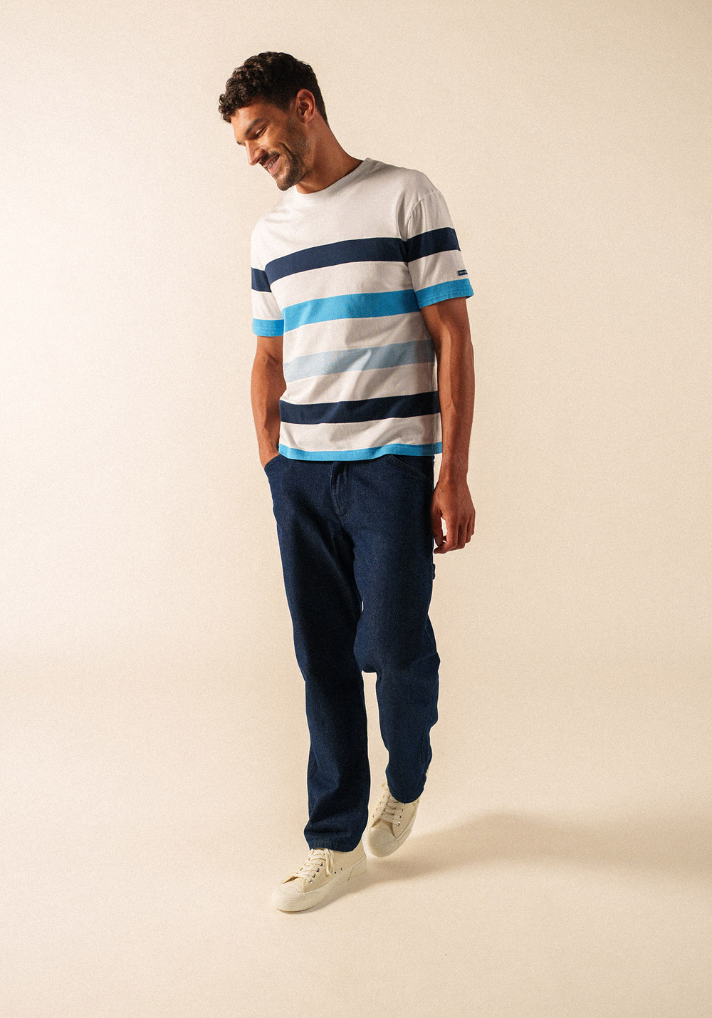 PHILEAS Striped Cotton T-Shirt (WHITE / CAPRI BLUE)