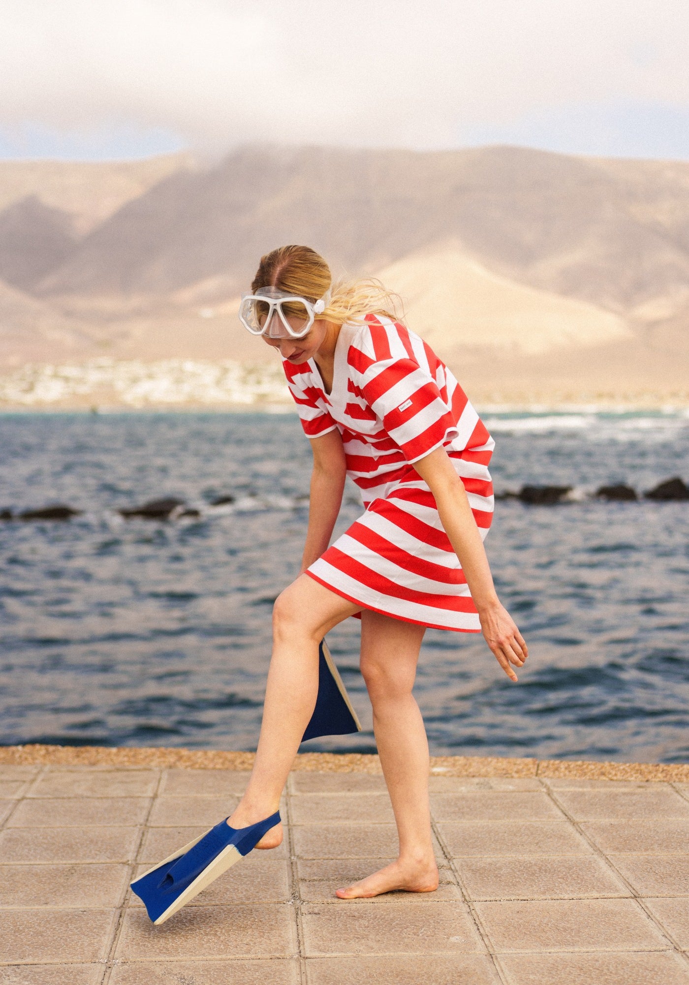 NOOR Wide Stripe Cotton Dress (WHITE / POPPY RED)