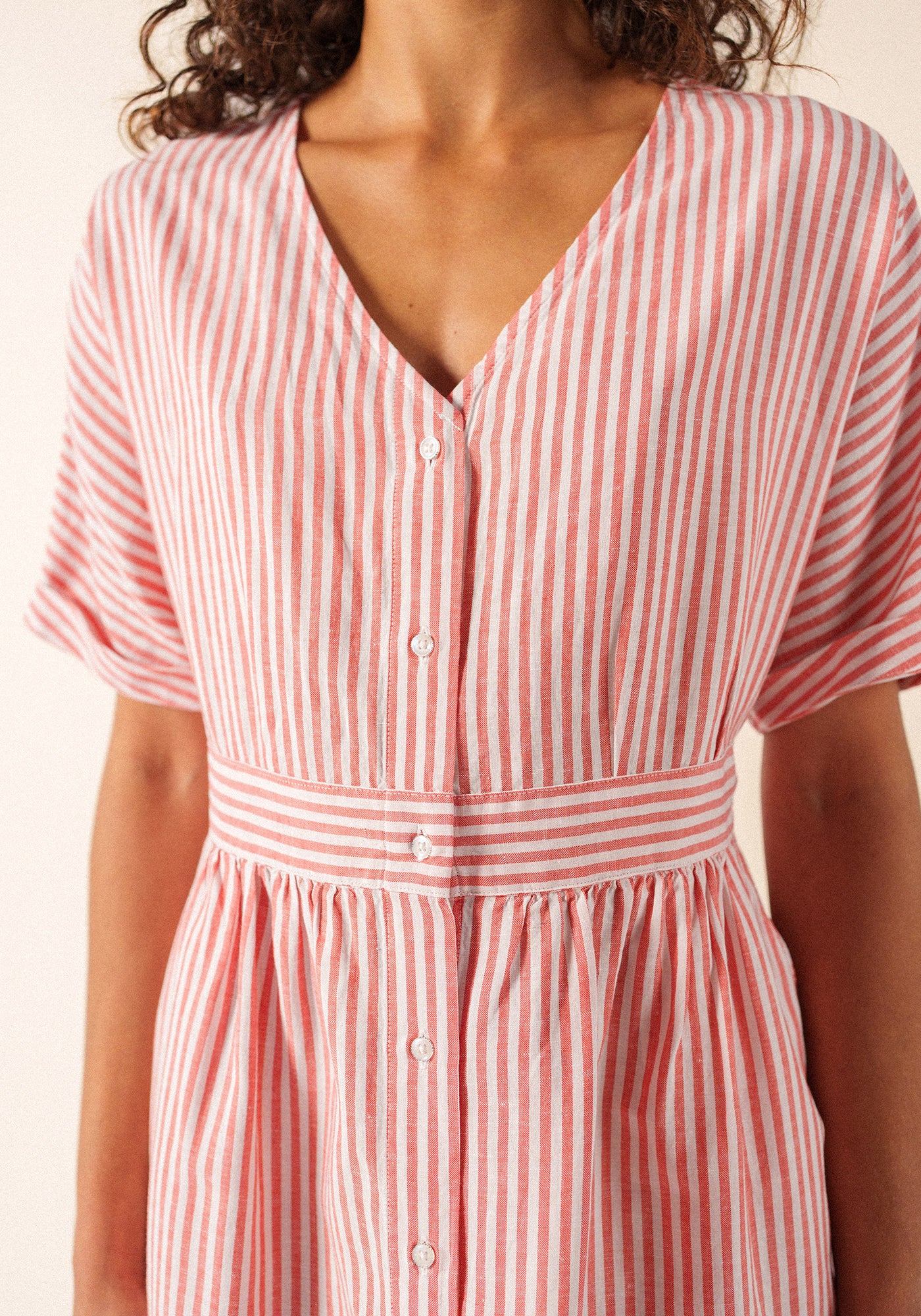 MATHILDE Striped Linen Blend Dress (WHITE / POPPY RED)