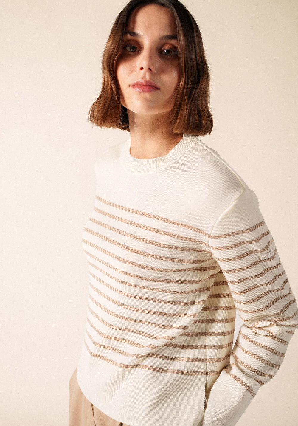 AULON Heathered Striped Wool Sweater (WHITE / DARK BEIGE)