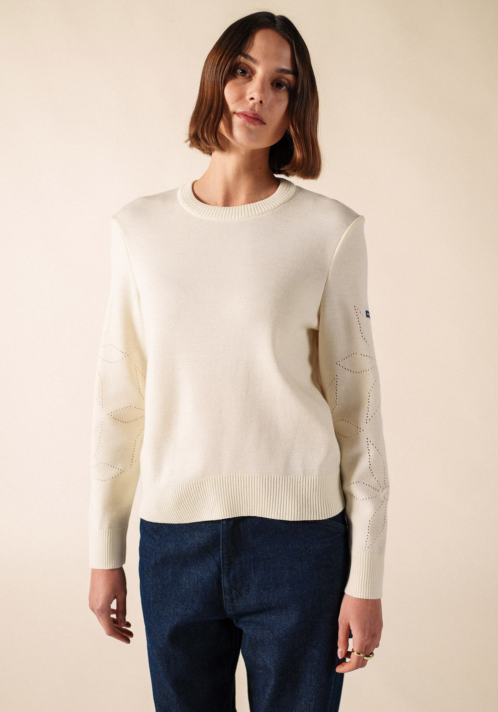 ASCOU Pointelle Sleeve Wool Sweater (WHITE)