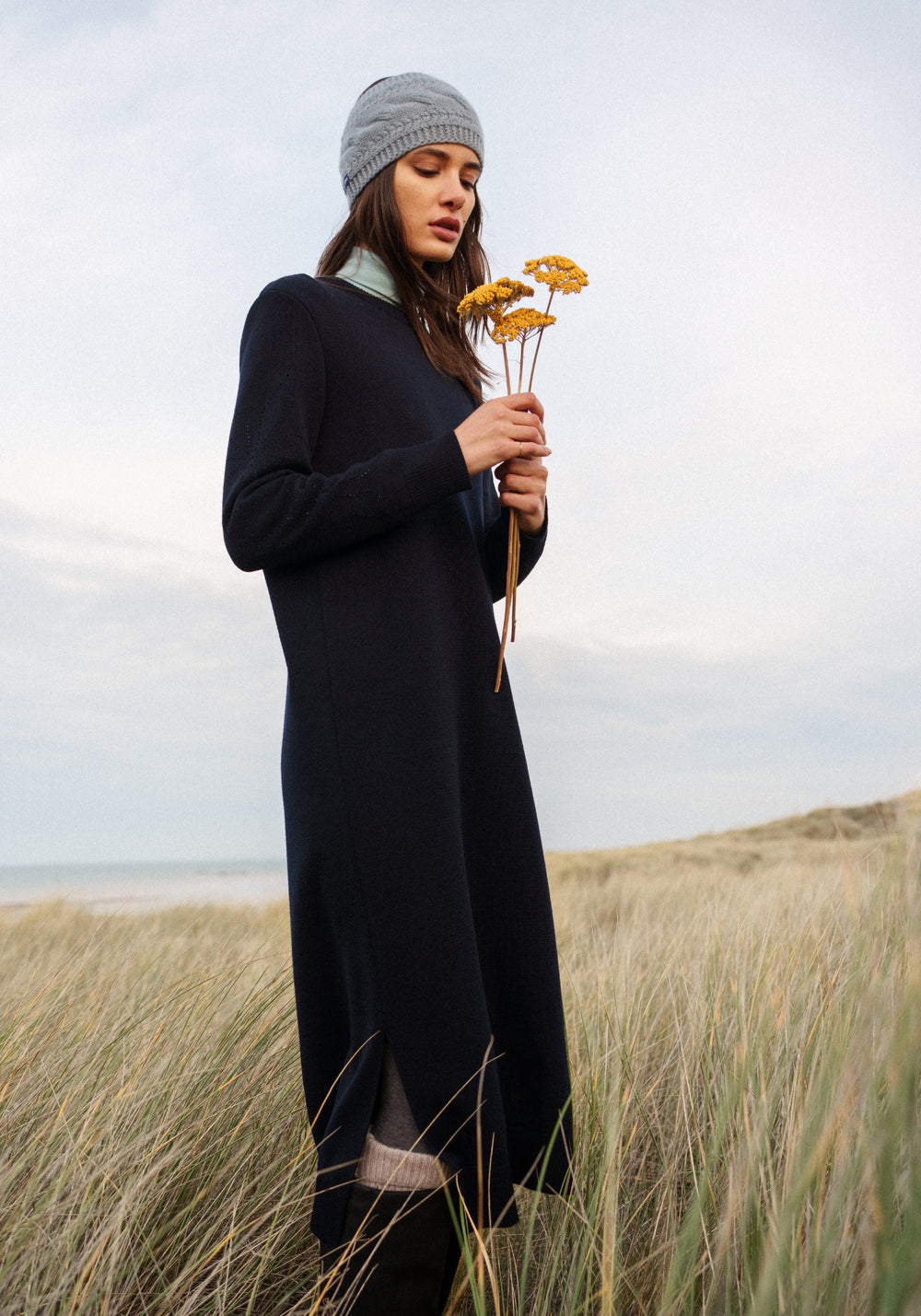 ASCOU Pointelle Sleeve Sweater Dress (NAVY)