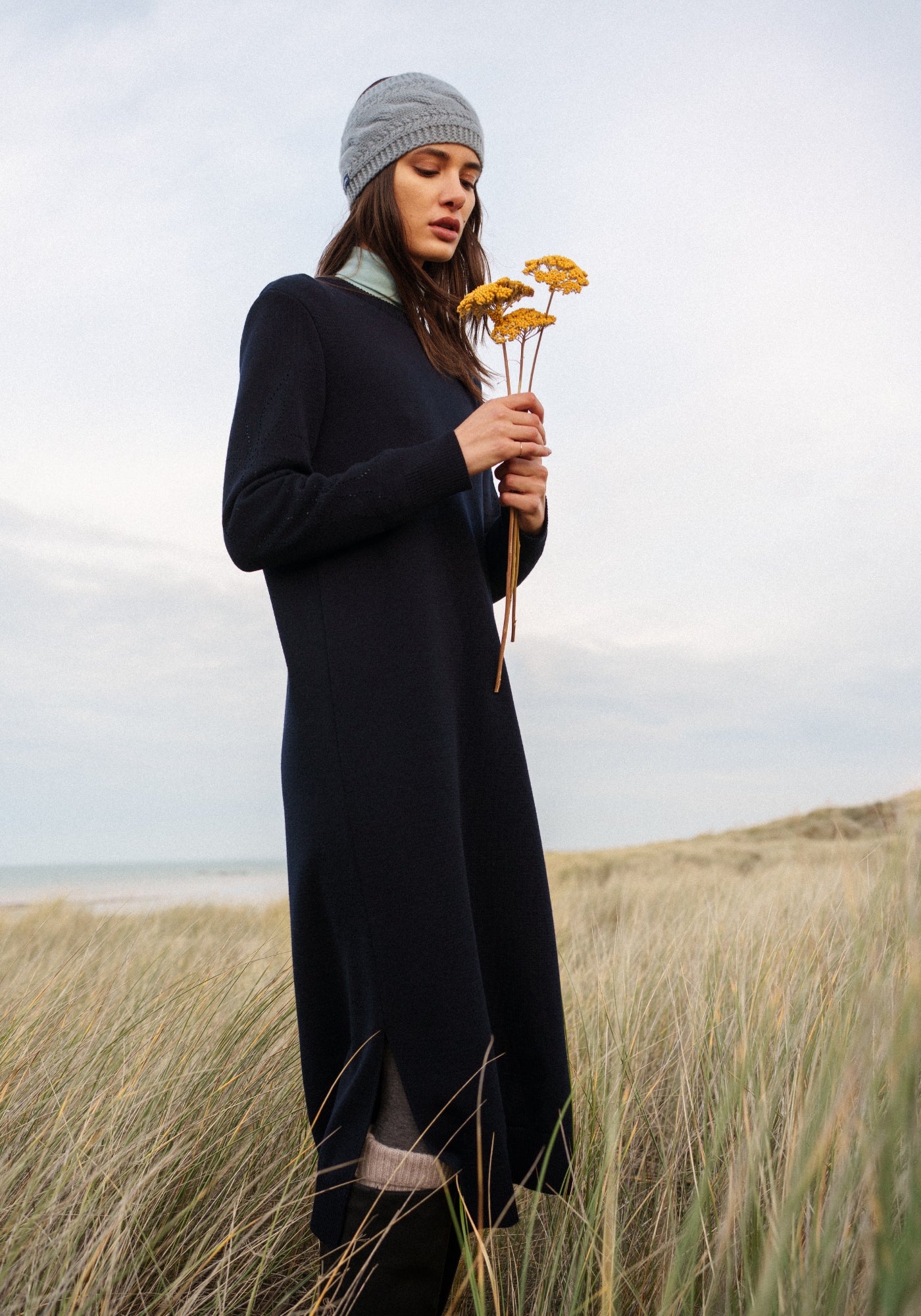 ASCOU Pointelle Sleeve Sweater Dress (NAVY)