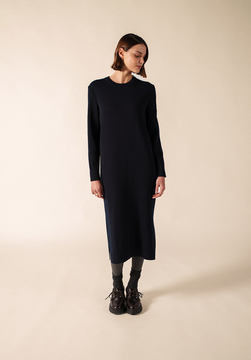 ASCOU Pointelle Sleeve Sweater Dress (NAVY)