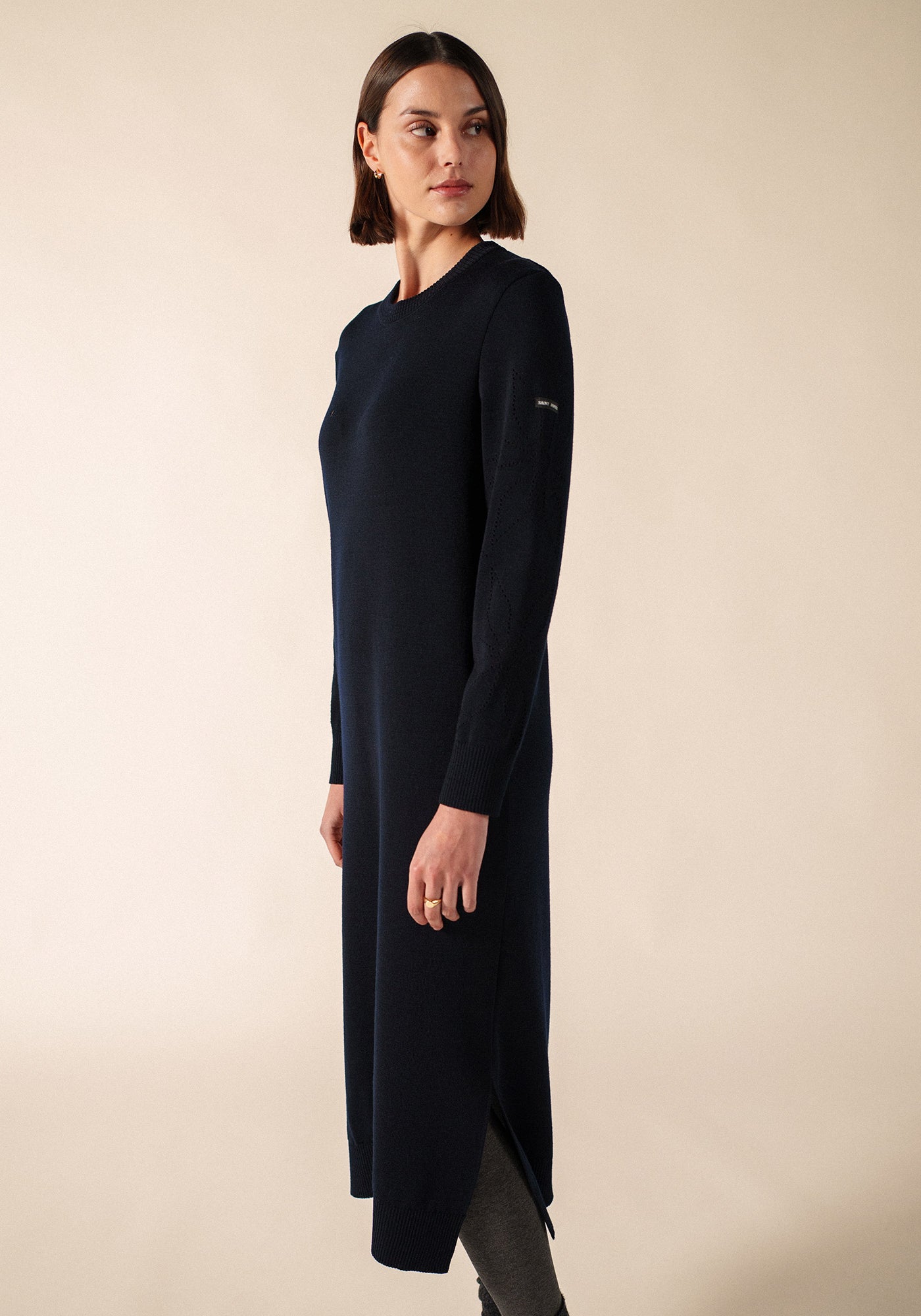 ASCOU Pointelle Sleeve Sweater Dress (NAVY)
