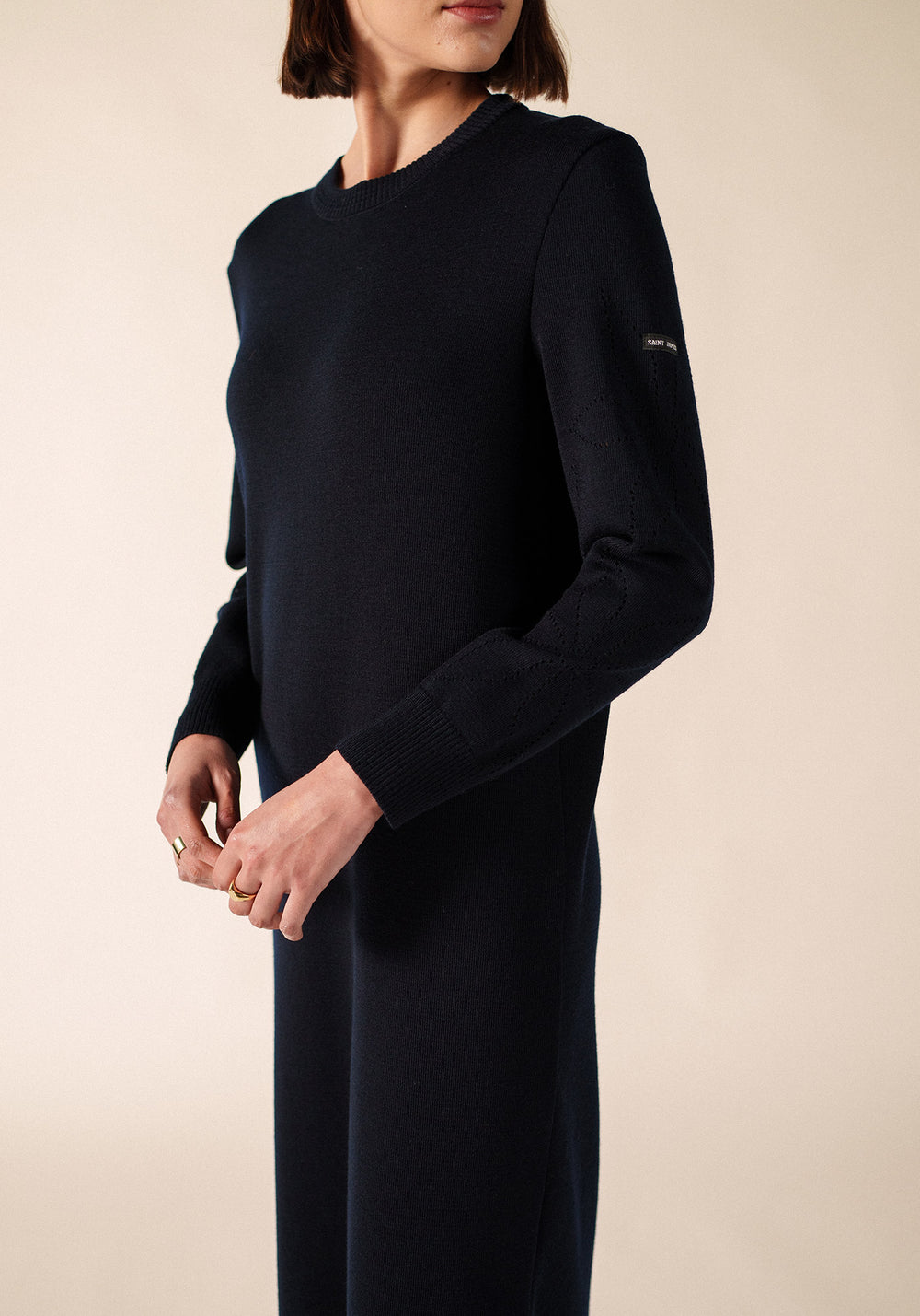 ASCOU Pointelle Sleeve Sweater Dress (NAVY)