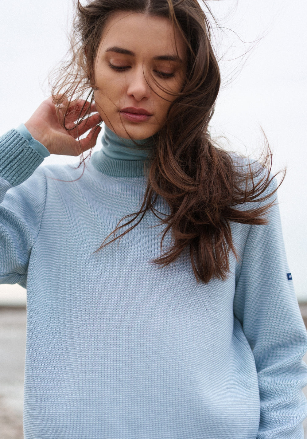 CANCALE CHINE Fisherman Sweater for Women (LIGHT COASTAL BLUE / WHITE)