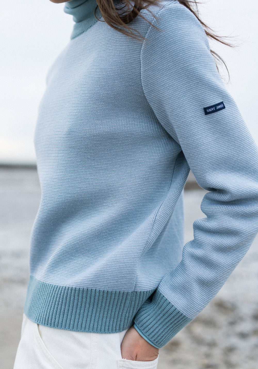 CANCALE CHINE Fisherman Sweater for Women (LIGHT COASTAL BLUE / WHITE)