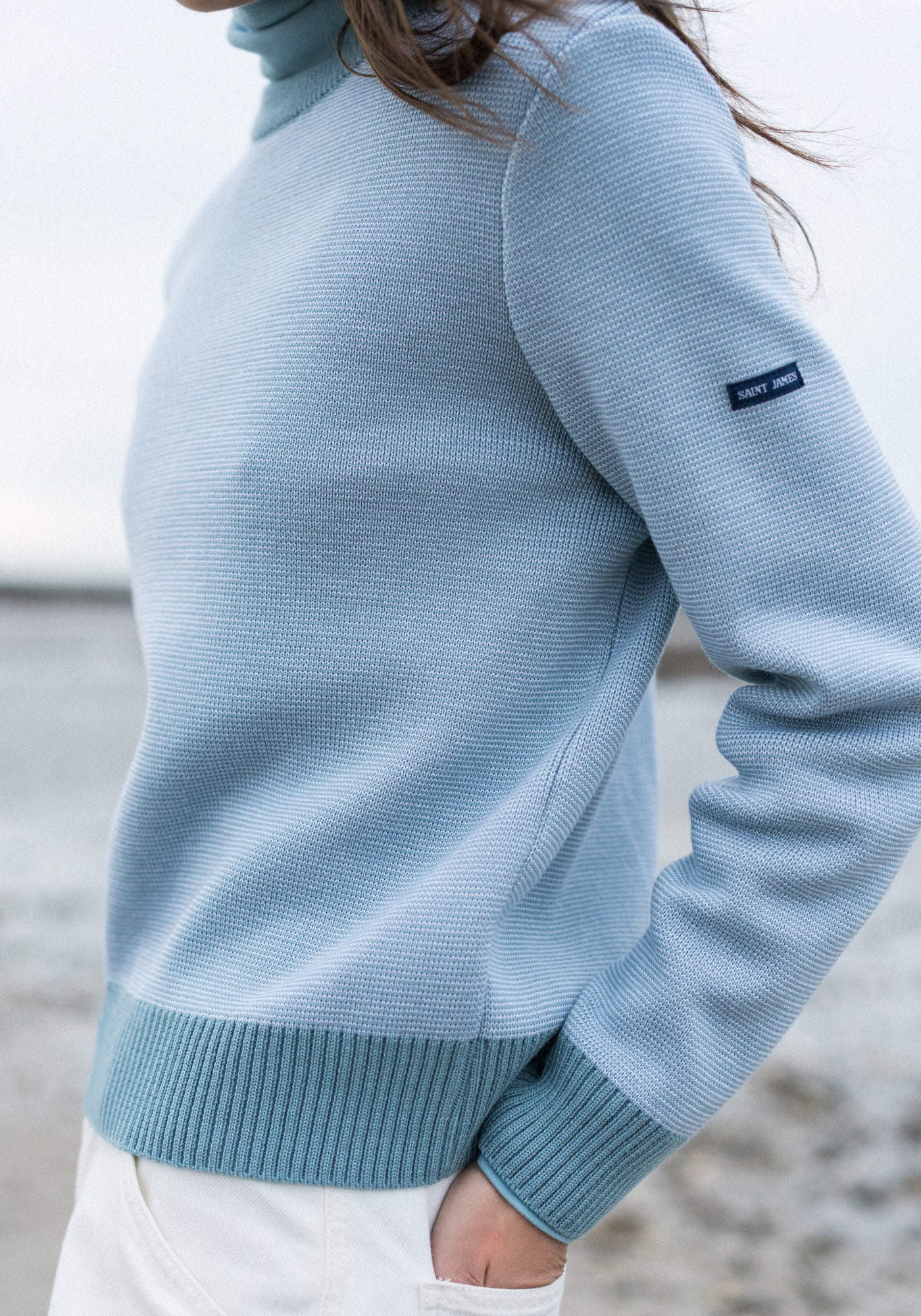 CANCALE CHINE Fisherman Sweater for Women (LIGHT COASTAL BLUE / WHITE)