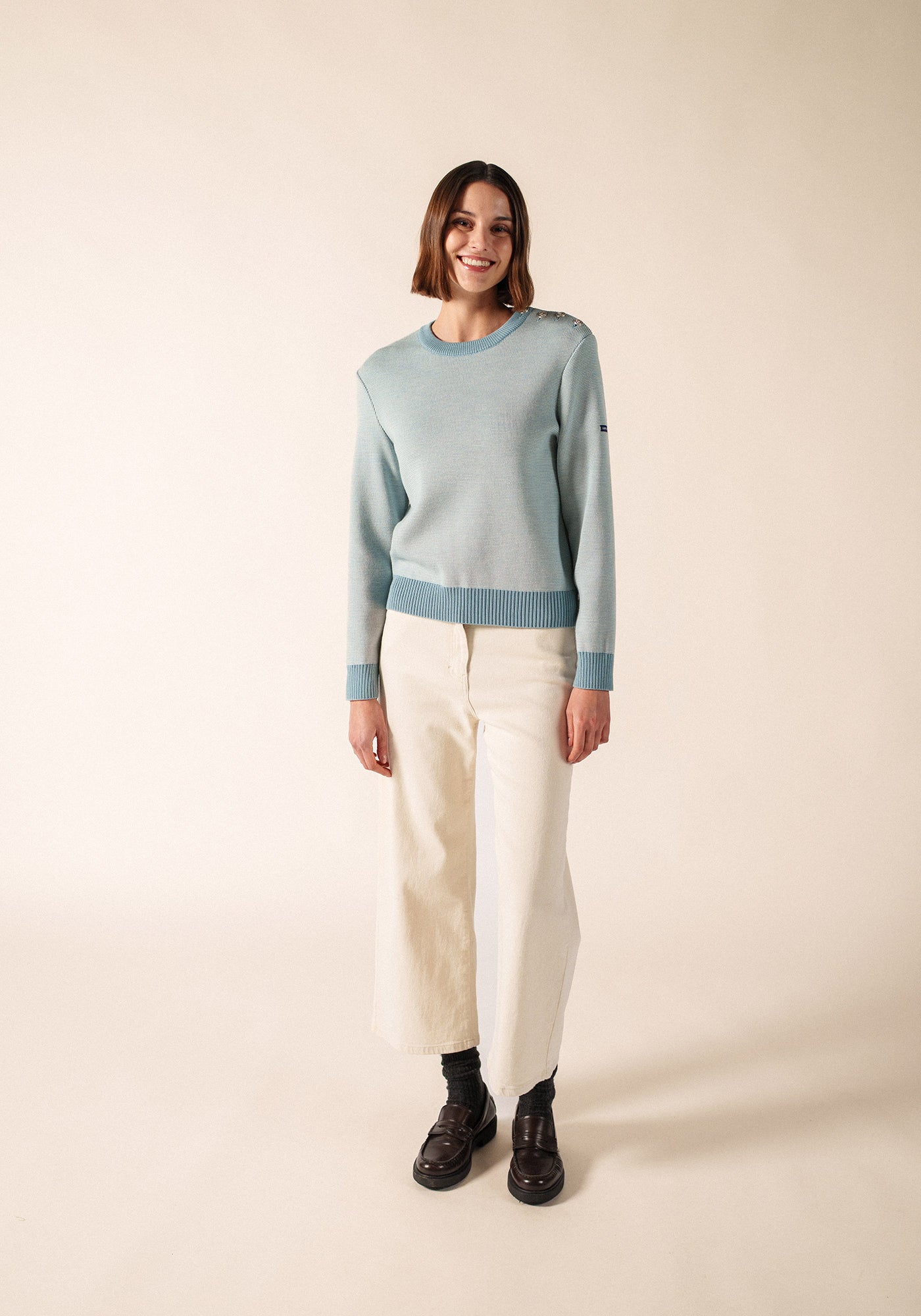 CANCALE CHINE Fisherman Sweater for Women (LIGHT COASTAL BLUE / WHITE)