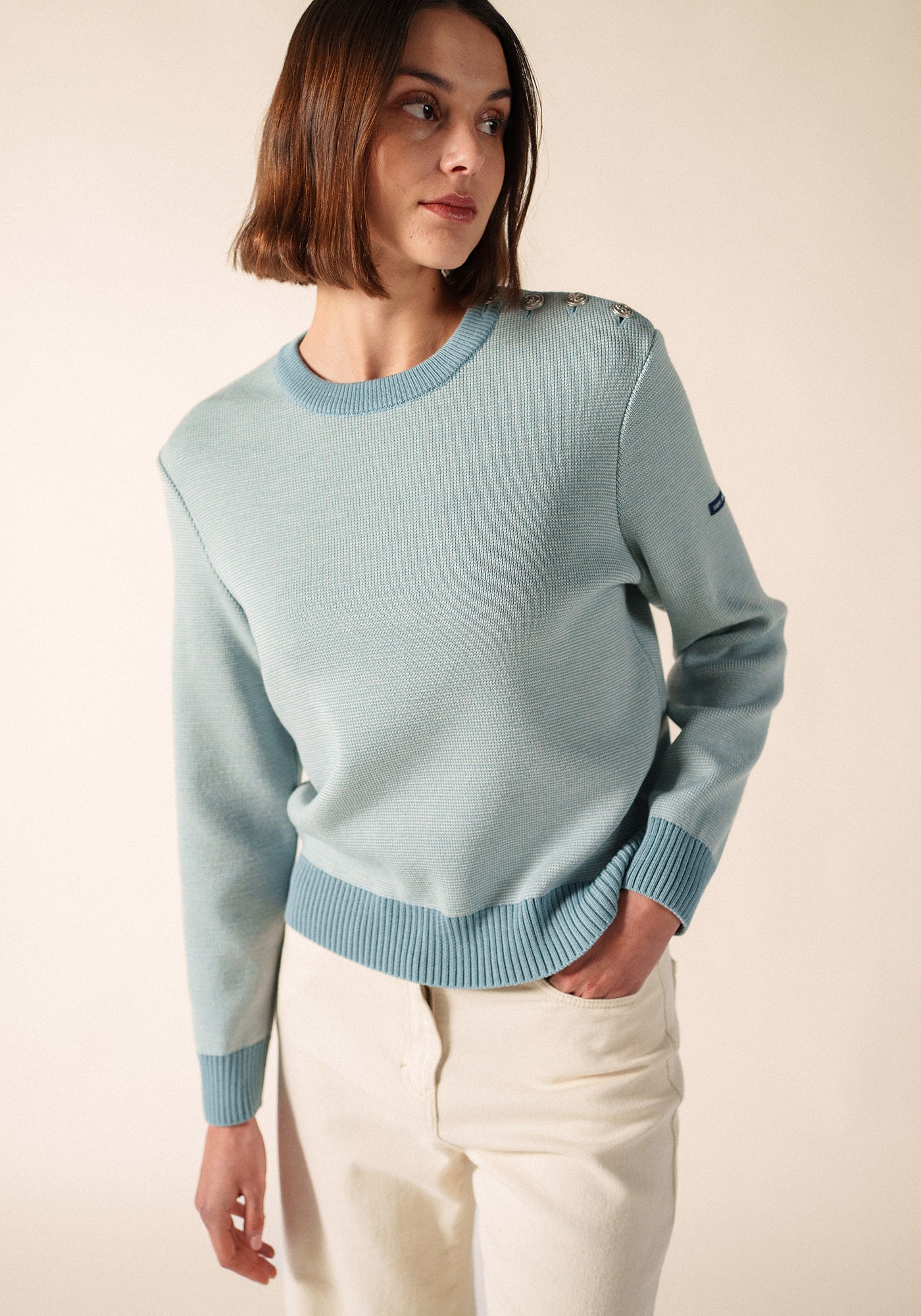 CANCALE CHINE Fisherman Sweater for Women (LIGHT COASTAL BLUE / WHITE)