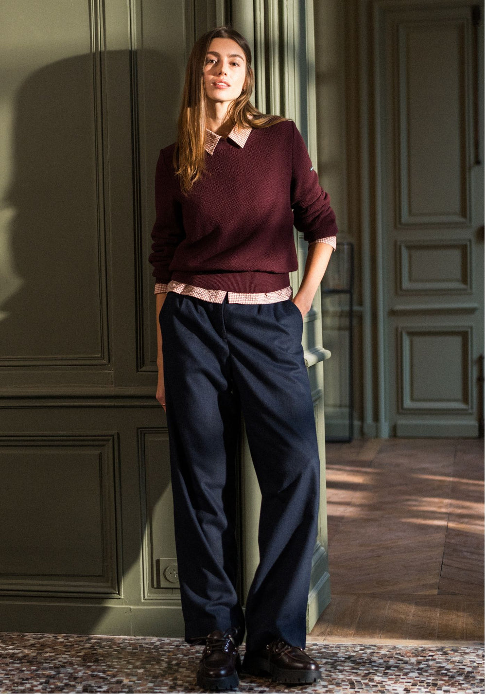 BIANCA HIVER Pleated Wool Flannel Pants (NAVY)