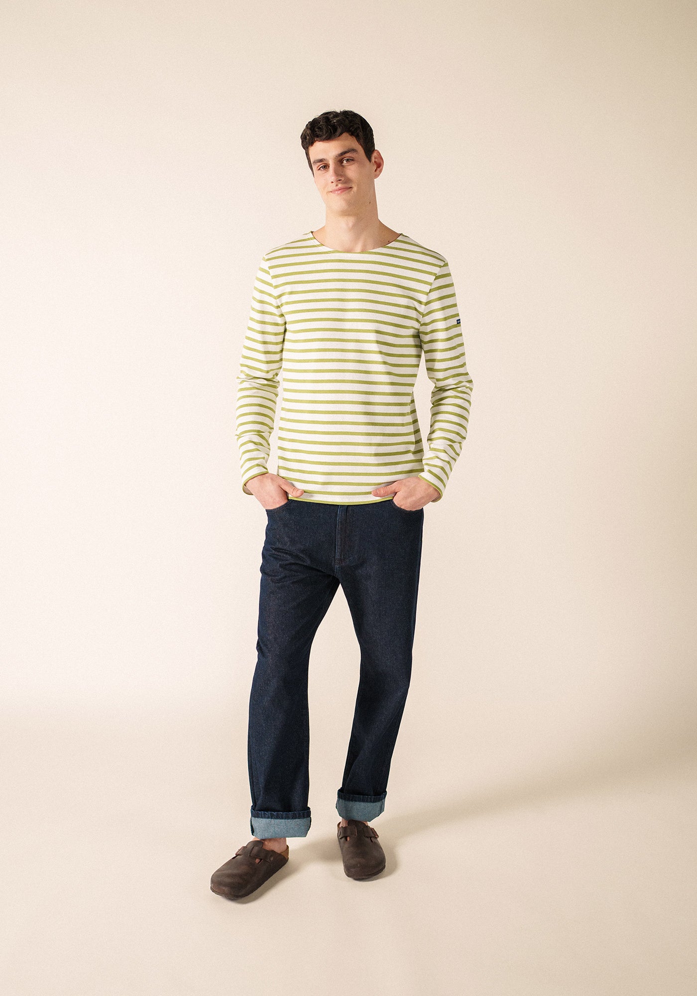 Meridien Moderne Breton Shirt (WHITE / SAGE OLIVE)