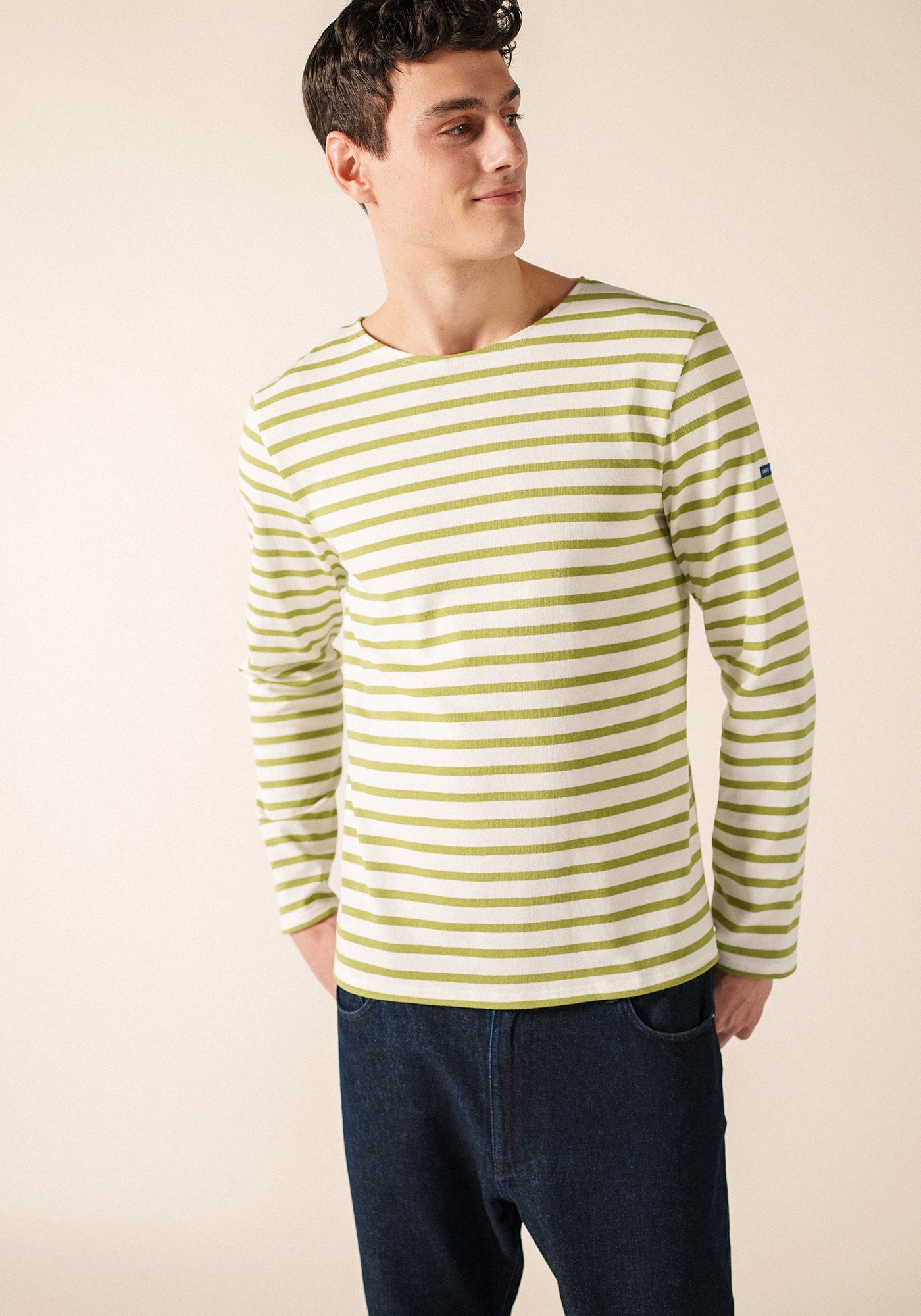 Meridien Moderne Breton Shirt (WHITE / SAGE OLIVE)
