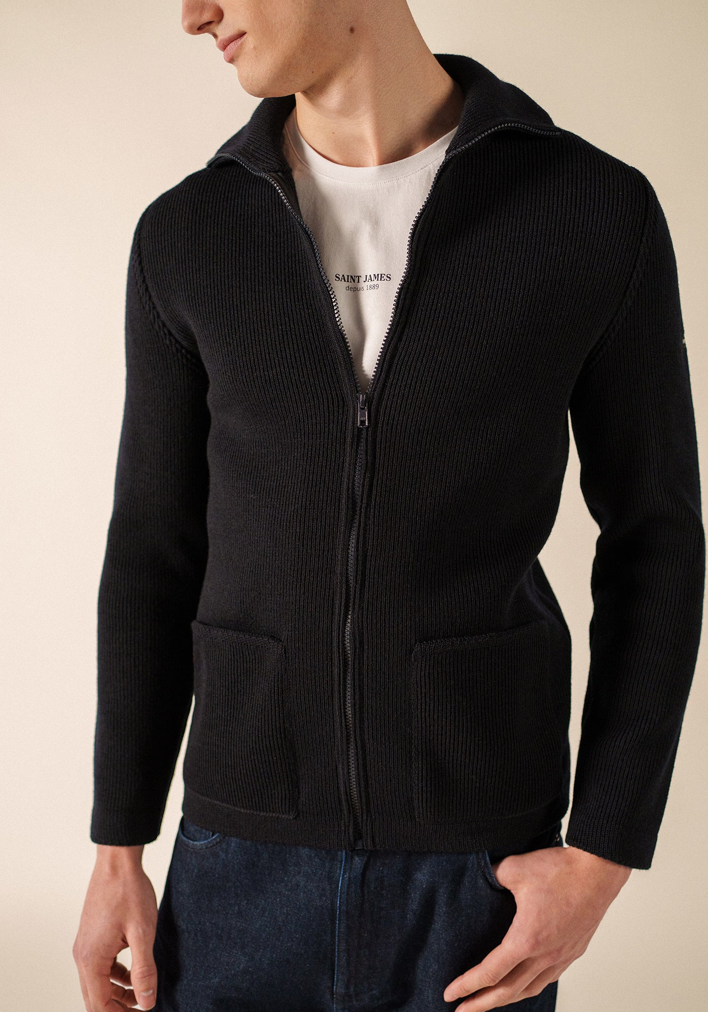 QUIBERON - High Collar Knit Jacket (NAVY)