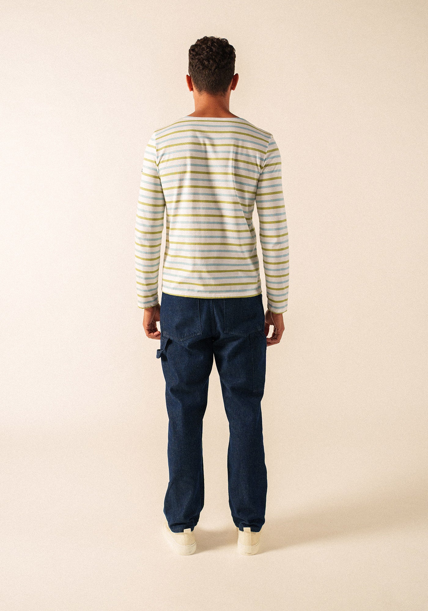 Minquiers Modern Tri-Color Breton Shirt (WHITE / SKYLIGHT BLUE / SAGE OLIVE)