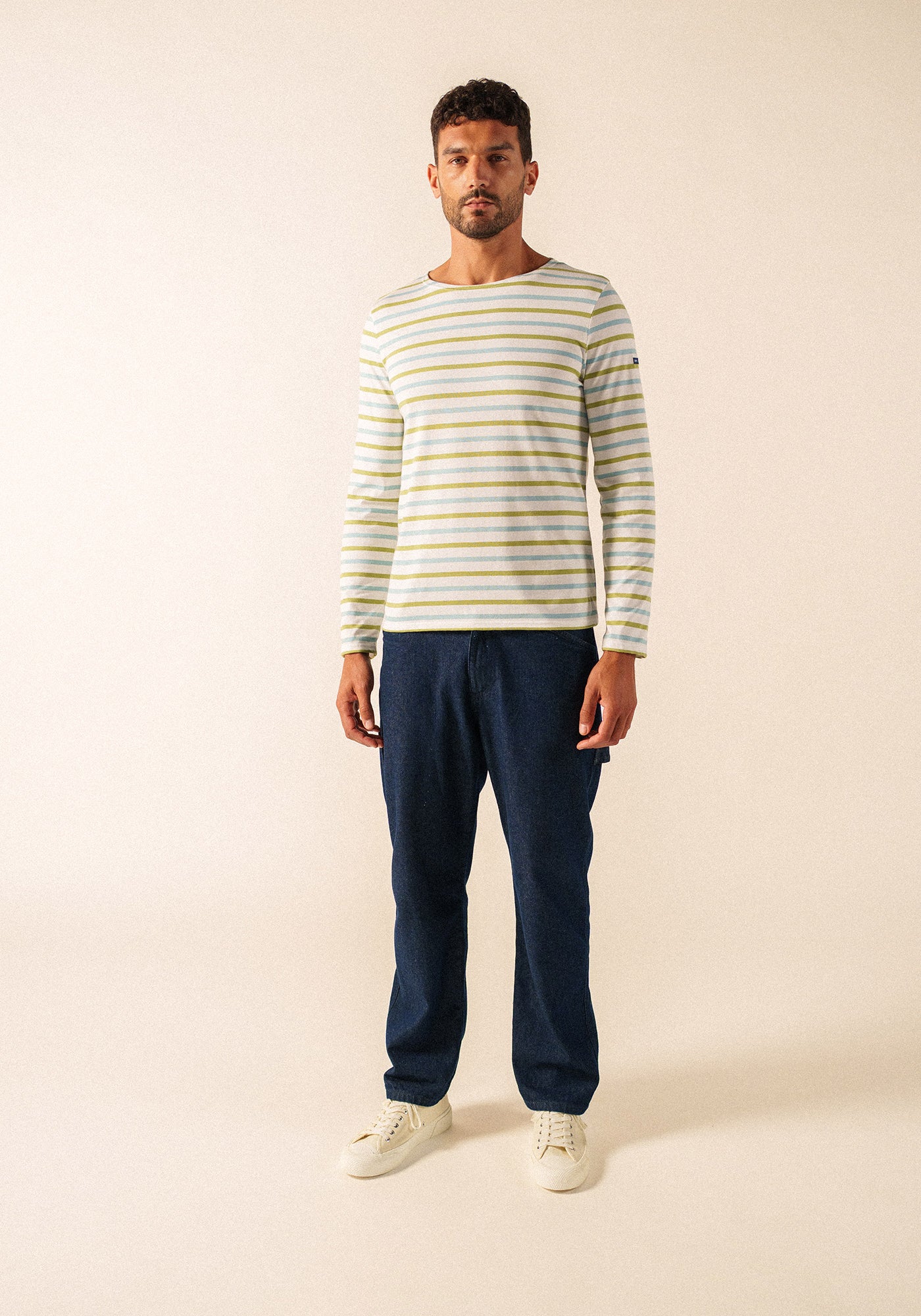 Minquiers Modern Tri-Color Breton Shirt (WHITE / SKYLIGHT BLUE / SAGE OLIVE)