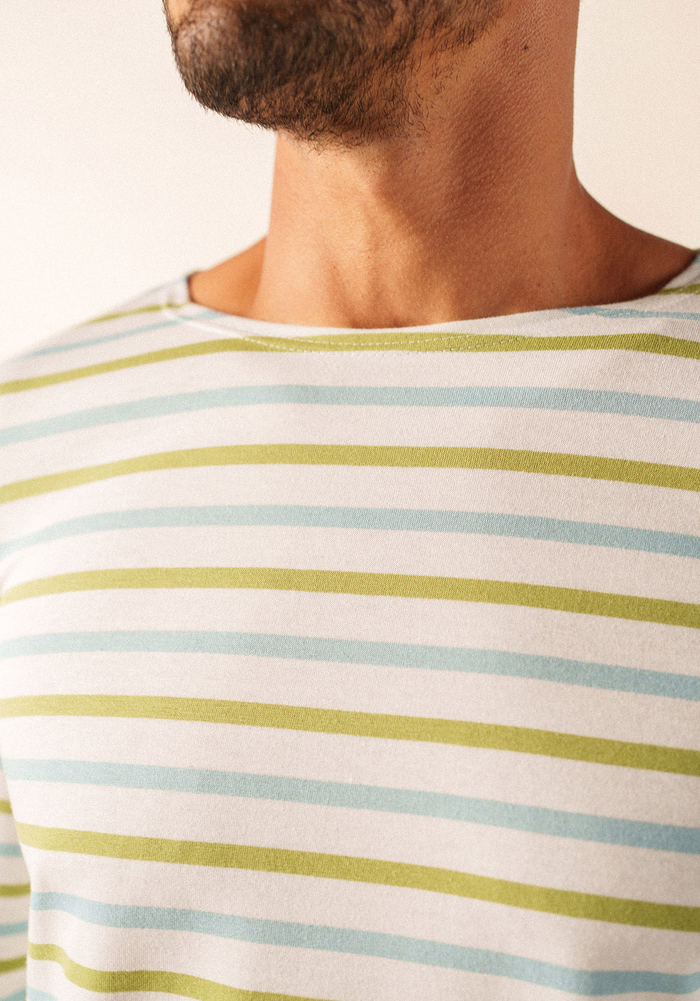 Minquiers Modern Tri-Color Breton Shirt (WHITE / SKYLIGHT BLUE / SAGE OLIVE)