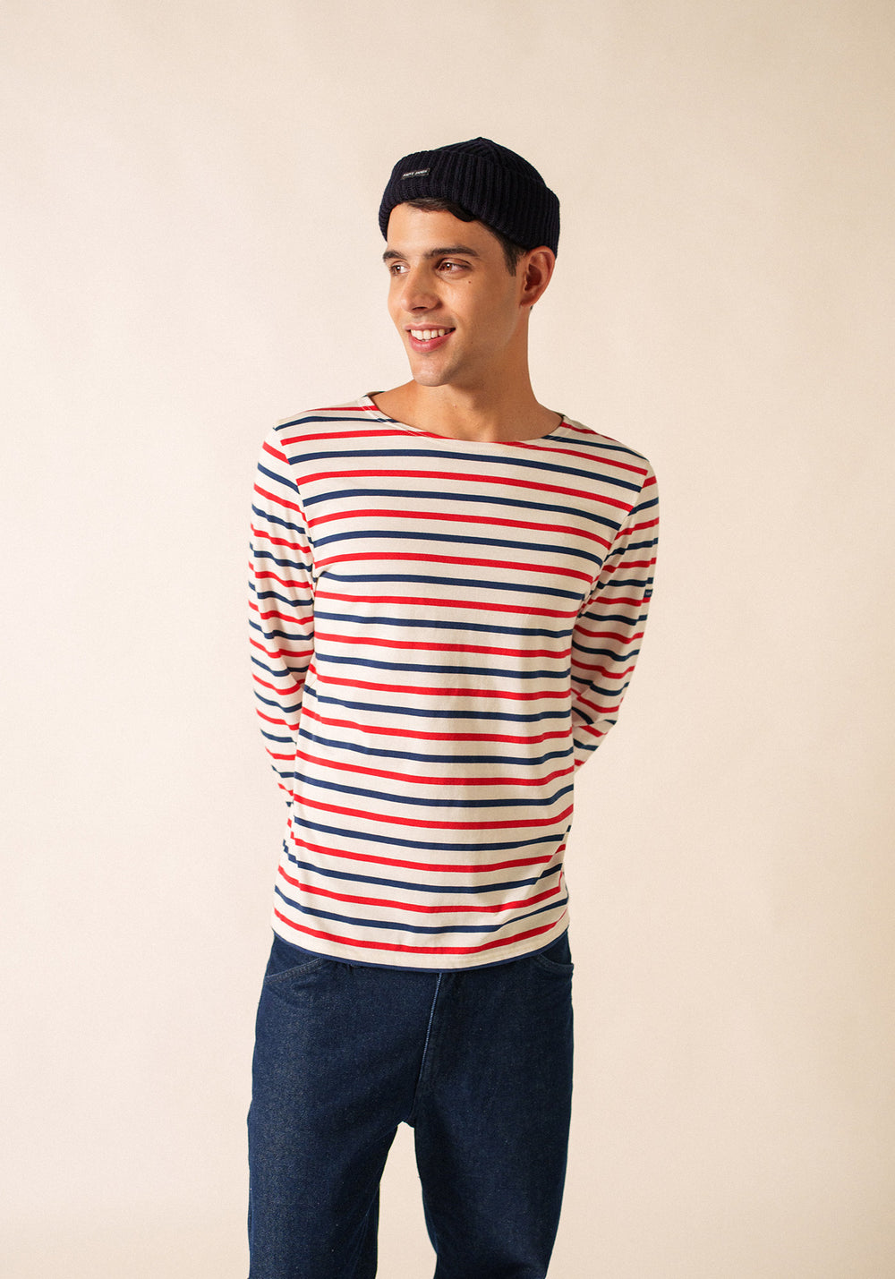 Minquiers Modern Tri-Color Breton Shirt (ECRU / NAVY / RED)