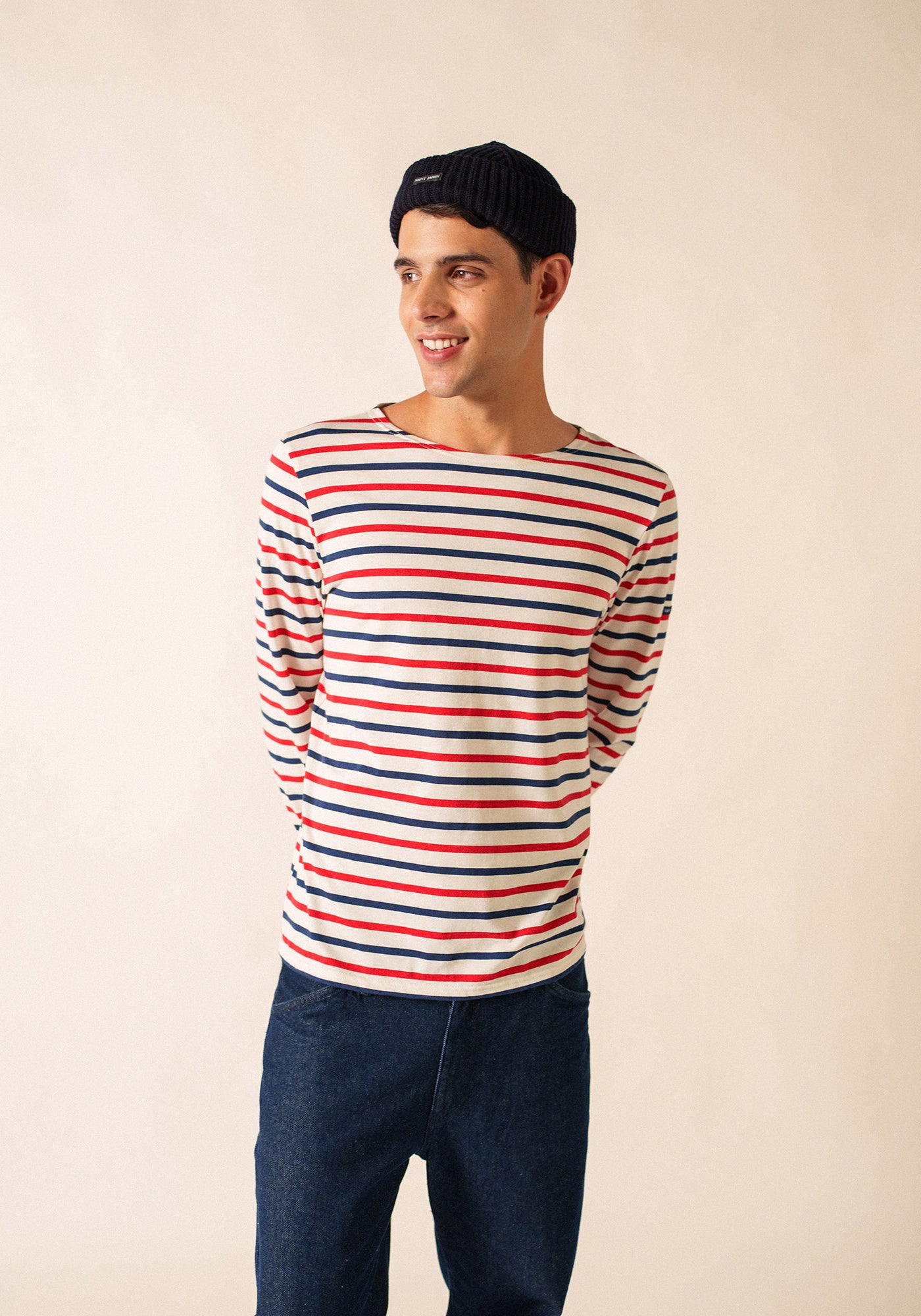 Minquiers Modern Tri-Color Breton Shirt (ECRU / NAVY / RED)