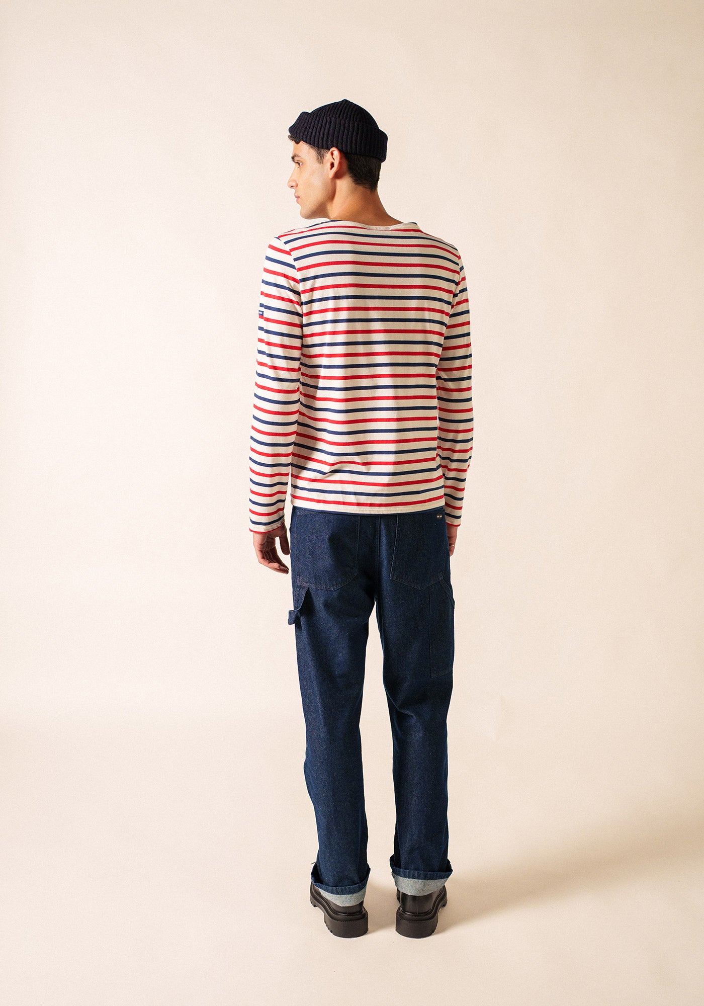 Minquiers Modern Tri-Color Breton Shirt (ECRU / NAVY / RED)
