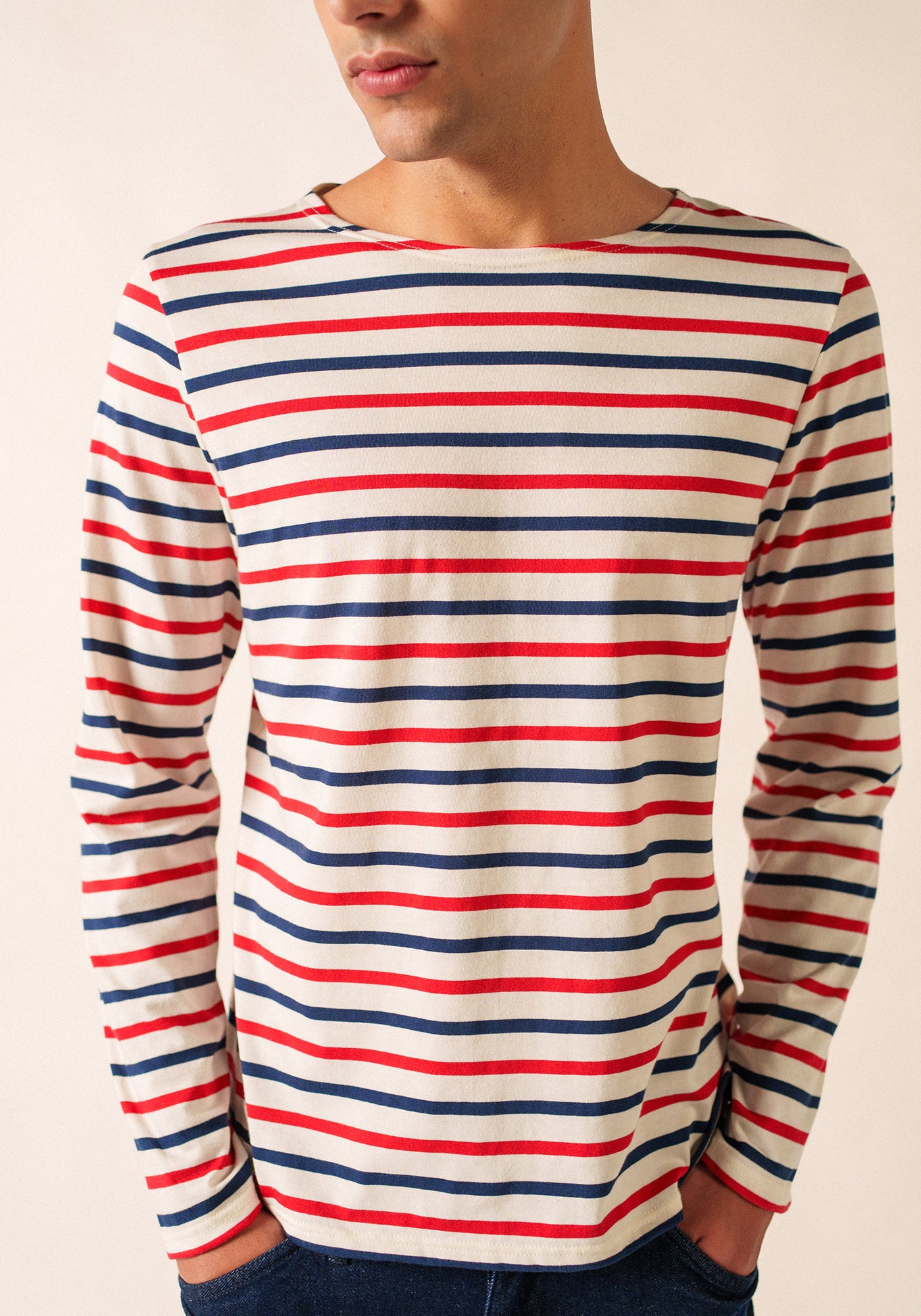 Minquiers Modern Tri-Color Breton Shirt (ECRU / NAVY / RED)