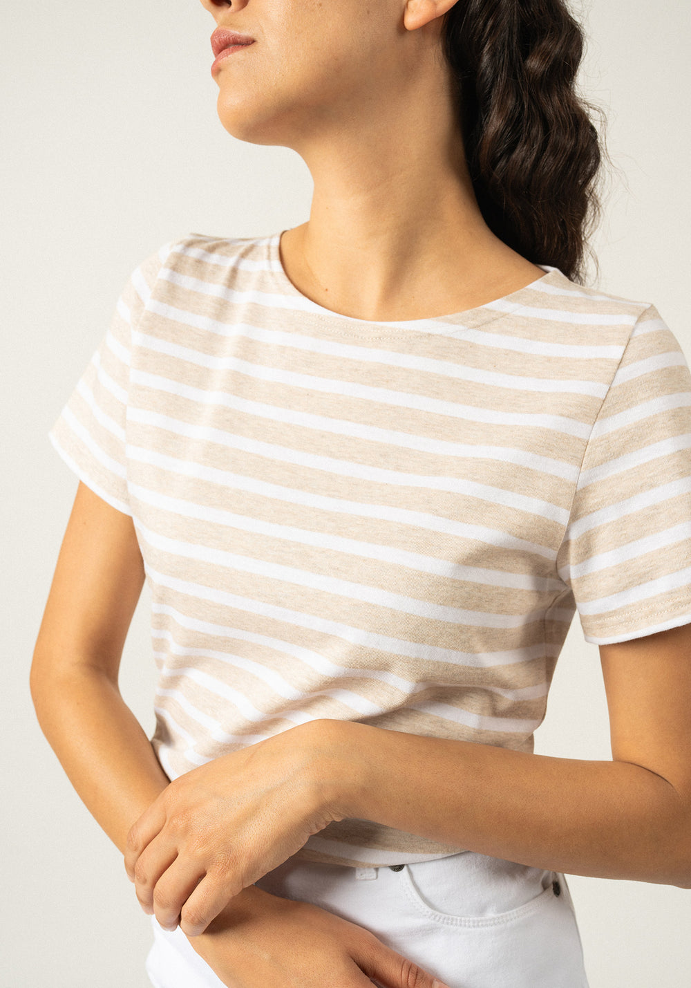 ETRILLE - Nautical Stripe Tee with Short Sleeves | Soft Cotton | Women Fit (OATMEAL / WHITE)