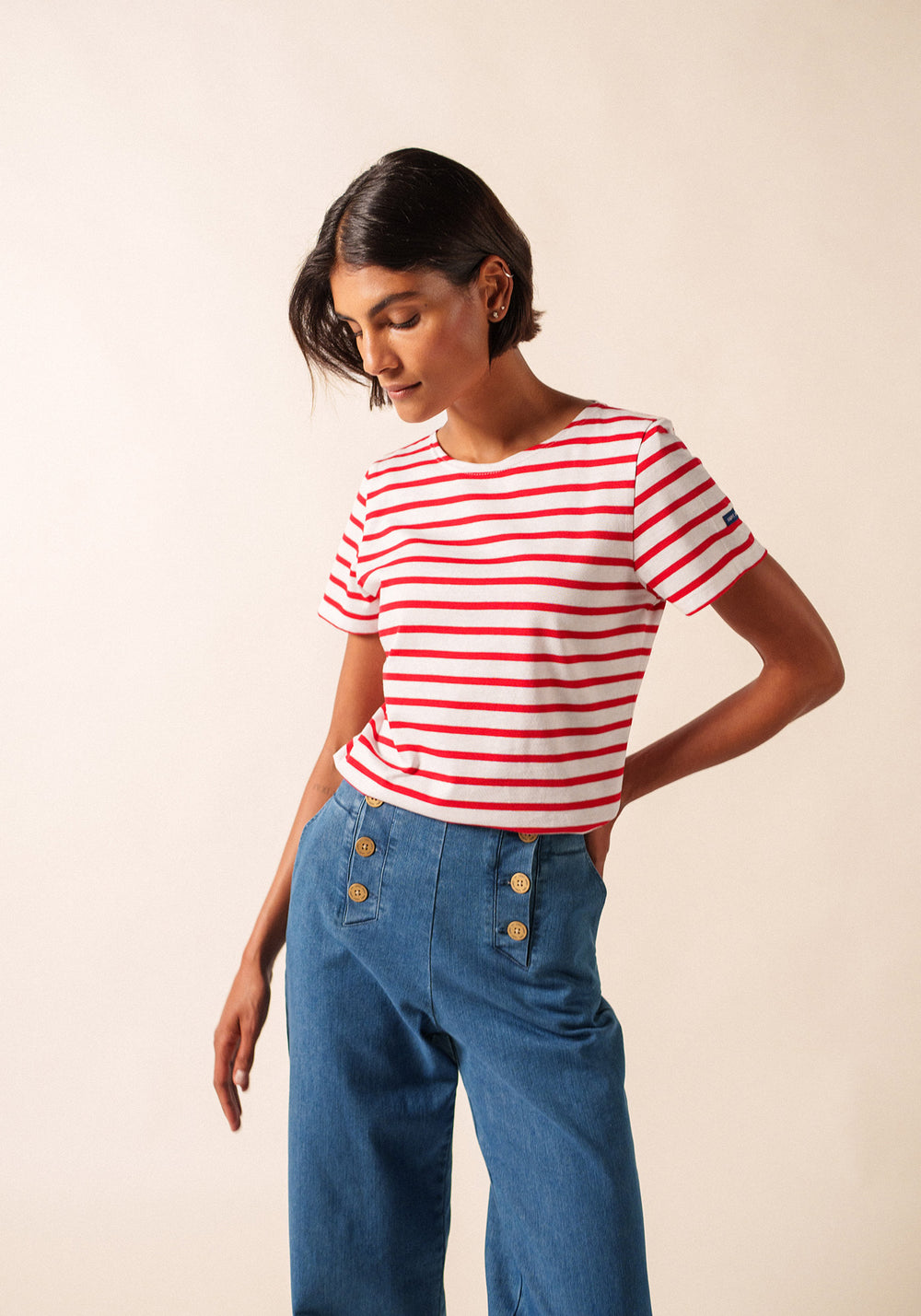 ETRILLE - Nautical Stripe Tee with Short Sleeves | Soft Cotton | Women Fit (WHITE / RED)