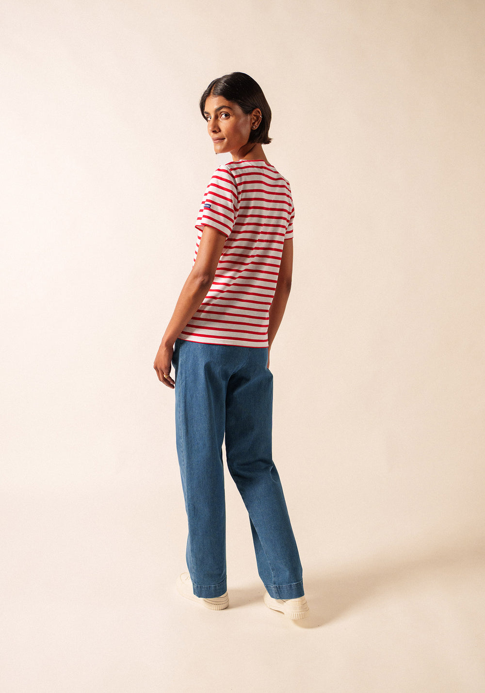 ETRILLE - Nautical Stripe Tee with Short Sleeves | Soft Cotton | Women Fit (WHITE / RED)