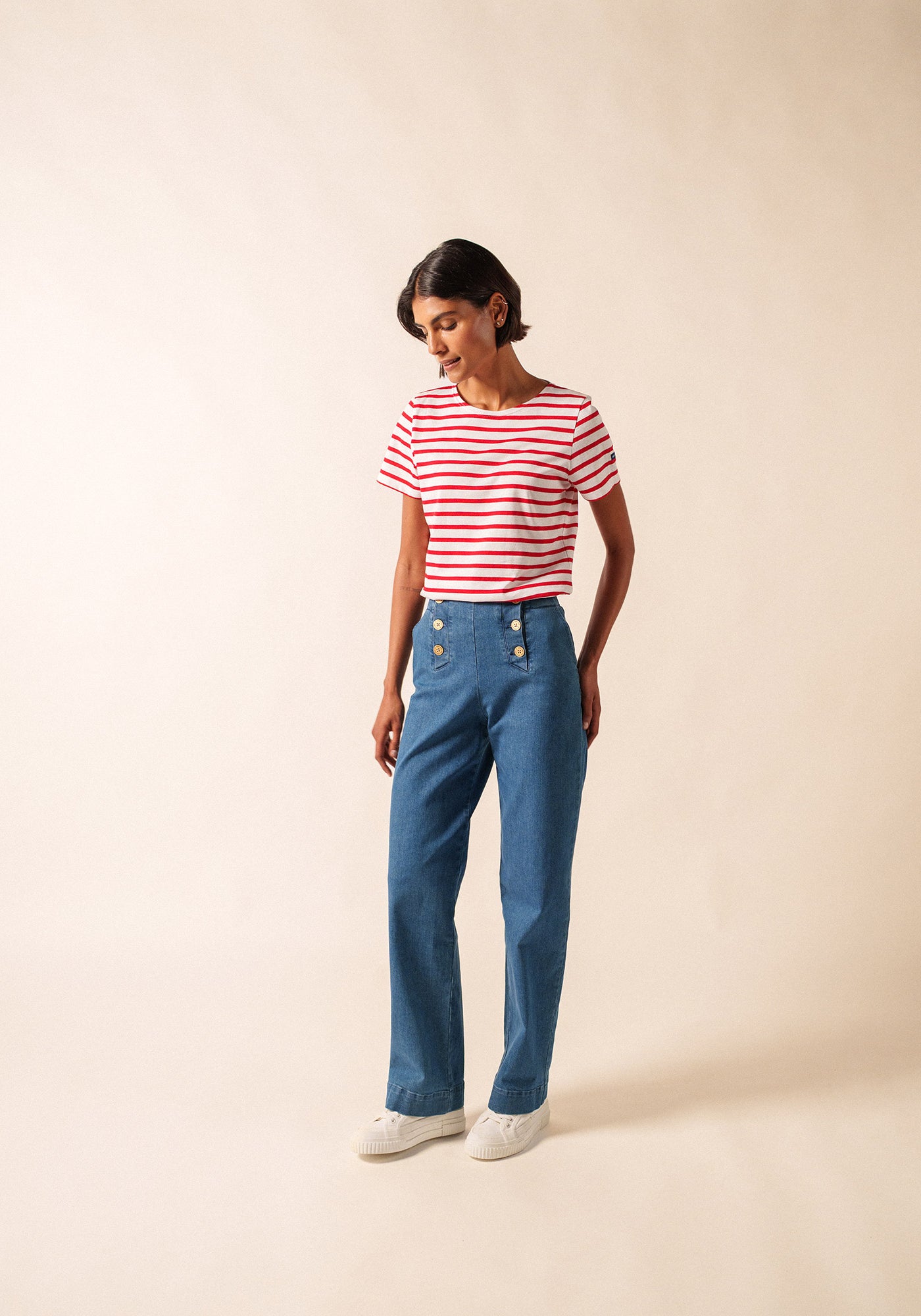 ETRILLE - Nautical Stripe Tee with Short Sleeves | Soft Cotton | Women Fit (WHITE / RED)