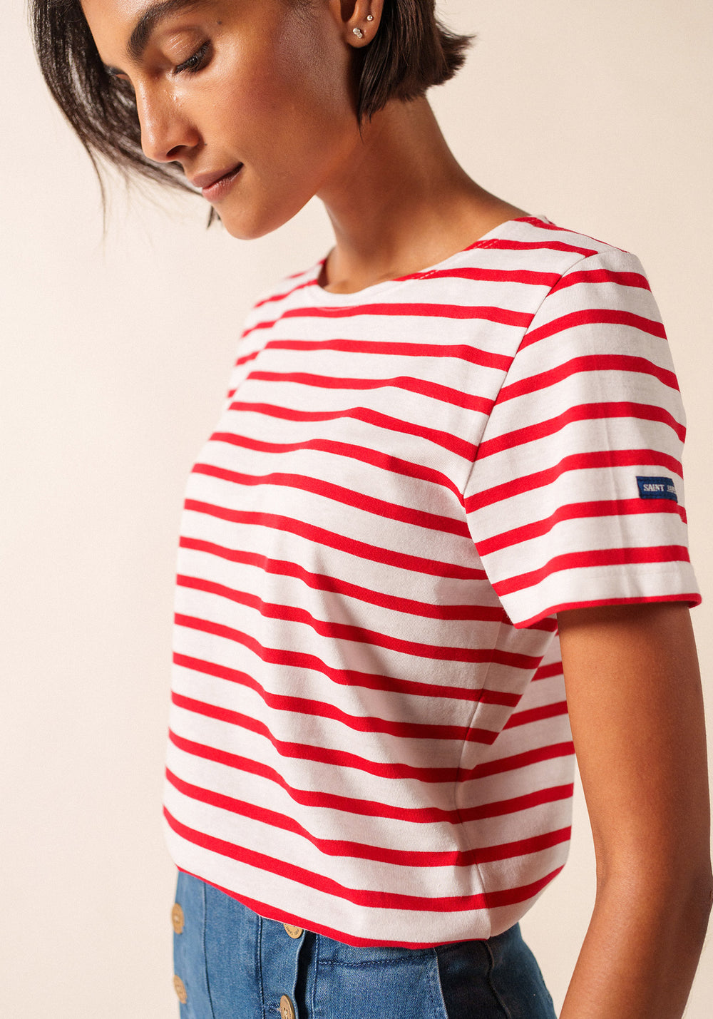 ETRILLE - Nautical Stripe Tee with Short Sleeves | Soft Cotton | Women Fit (WHITE / RED)