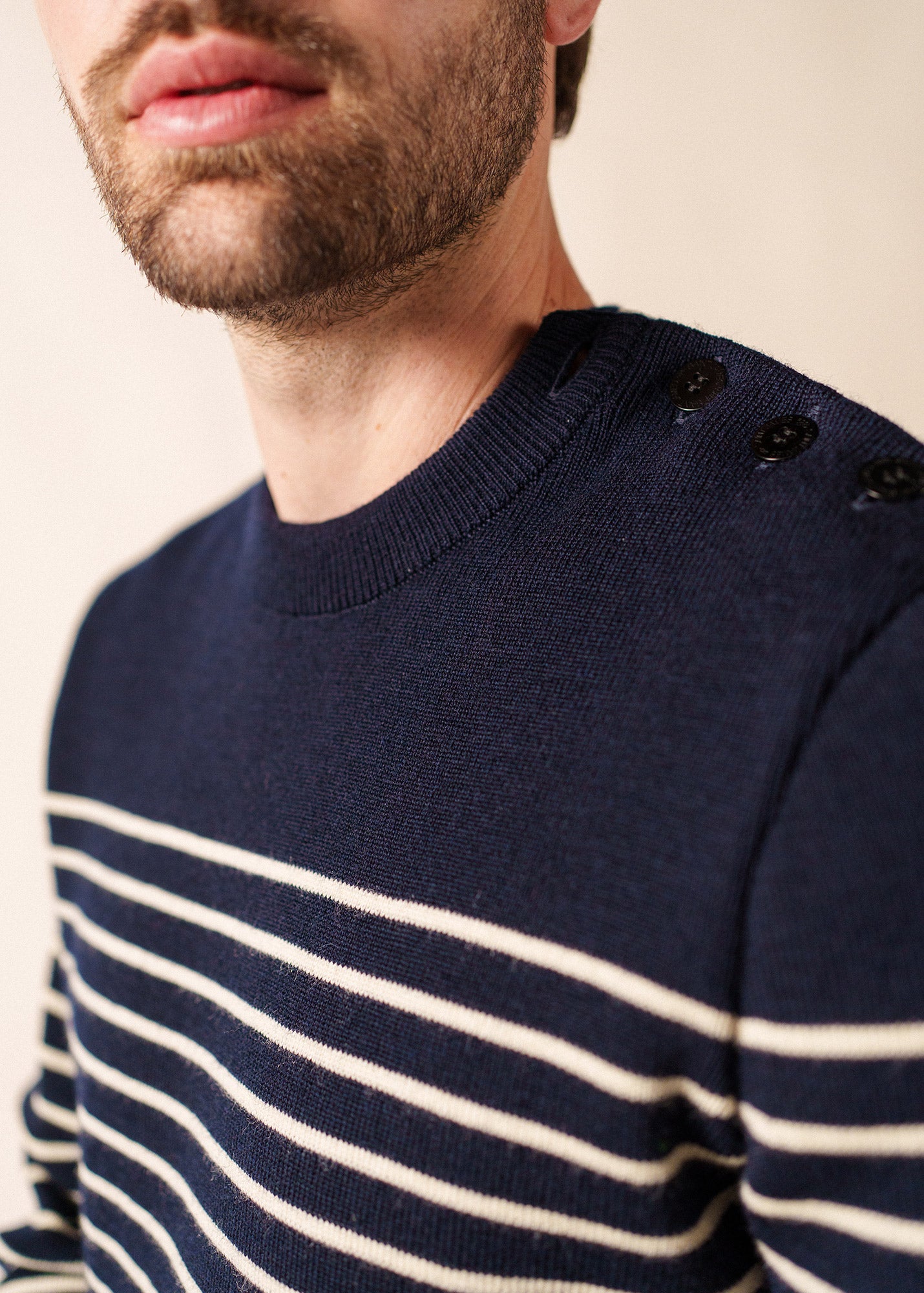 Breton Striped Fisherman Sweater - Shoulder Buttons - Saint James