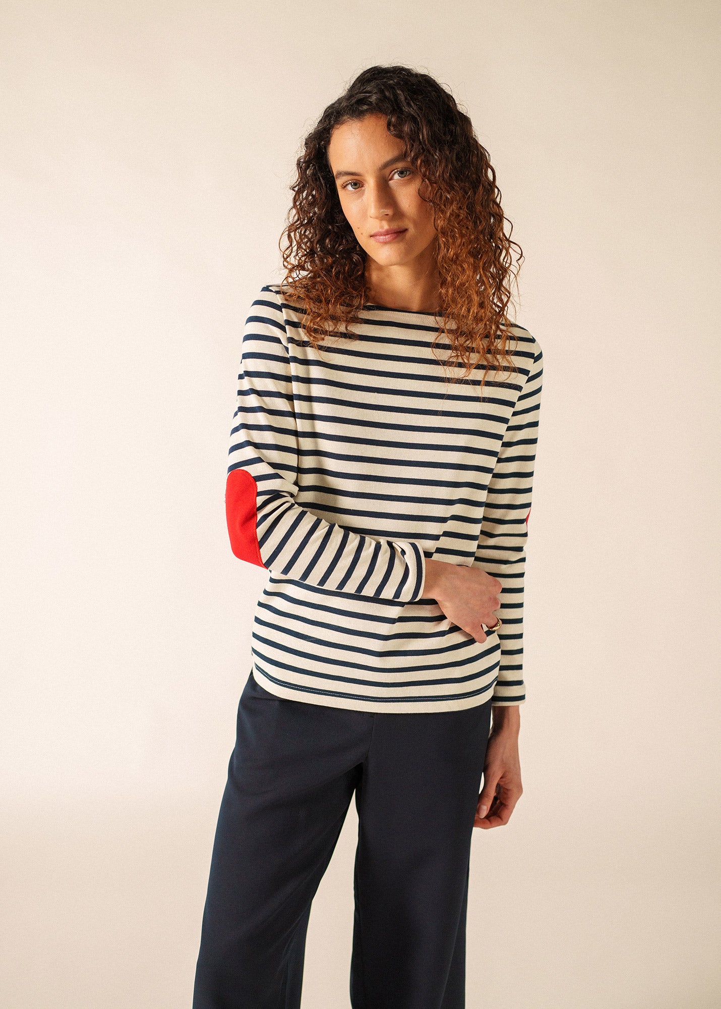 Women's Striped Long Sleeve T-Shirt with Heart Elbow Patches
