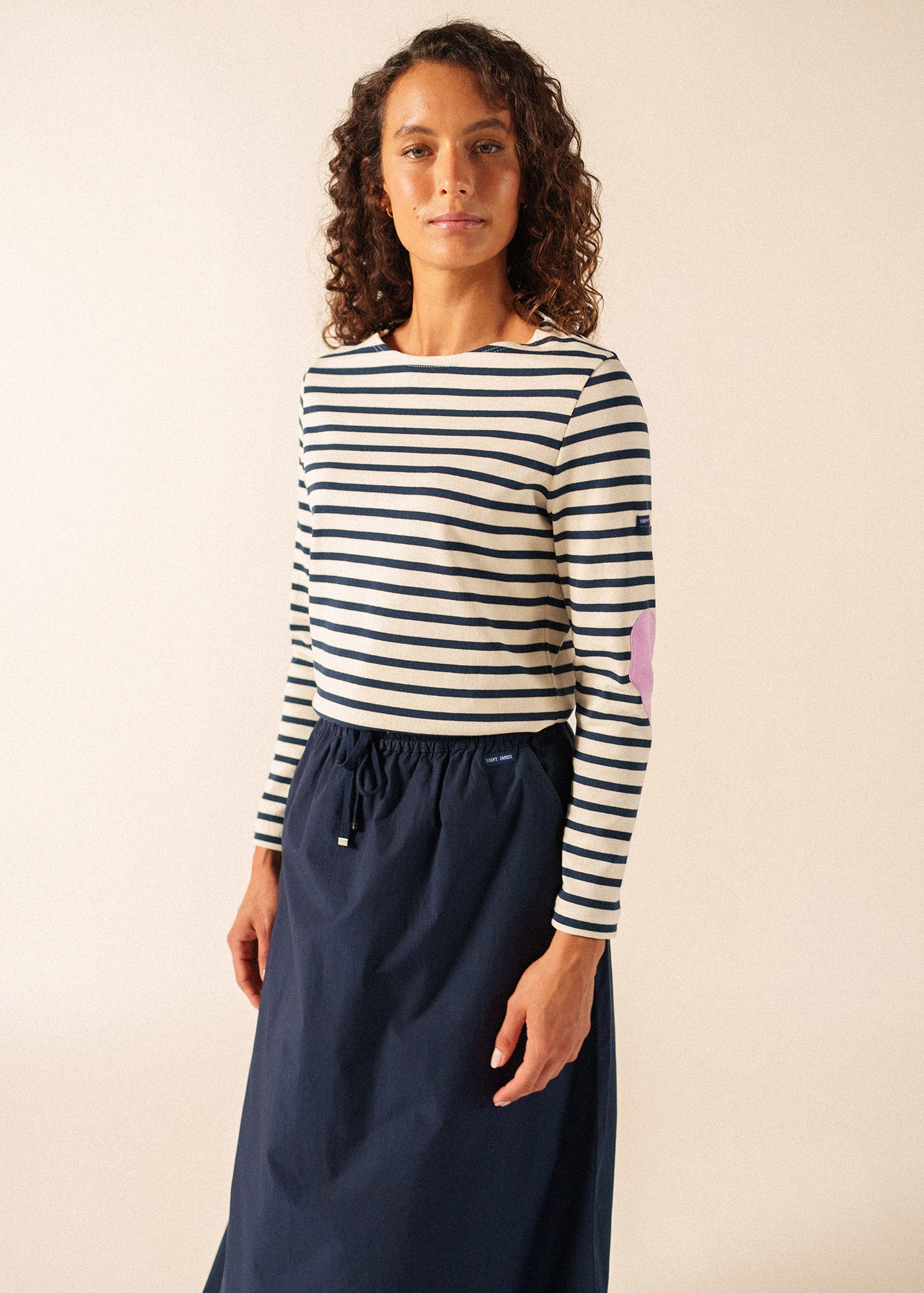 Women's Striped Long Sleeve T-Shirt with Heart Elbow Patches