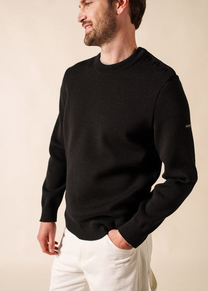 Wool Button Shoulder Fisherman Sweater - Black - Saint James