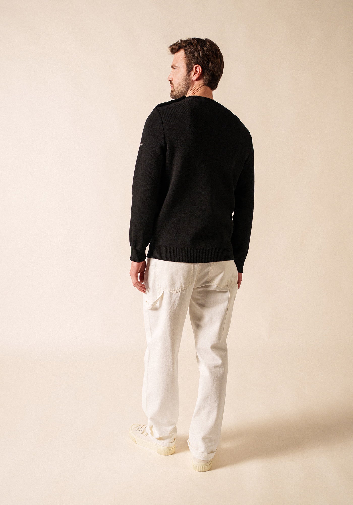 Black Wool Fisherman Sweater with Button Shoulder