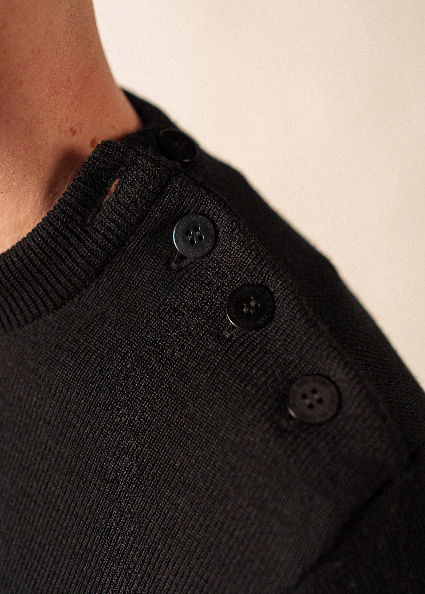 Wool Button Shoulder Fisherman Sweater - Black - Saint James