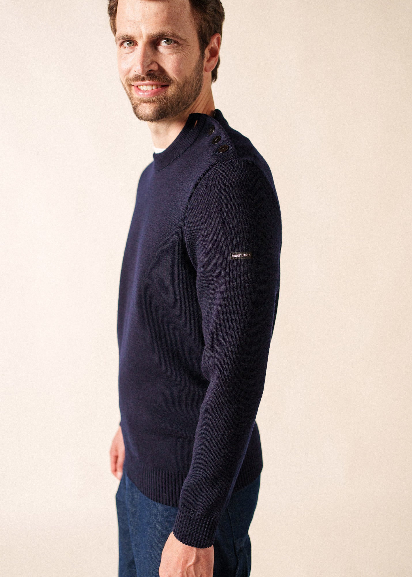 90S フランス製 SAINT JAMES ニット CANCALE ネイビー Black Wool Fisherman Sweater with Button Shoulder | Loose Fit