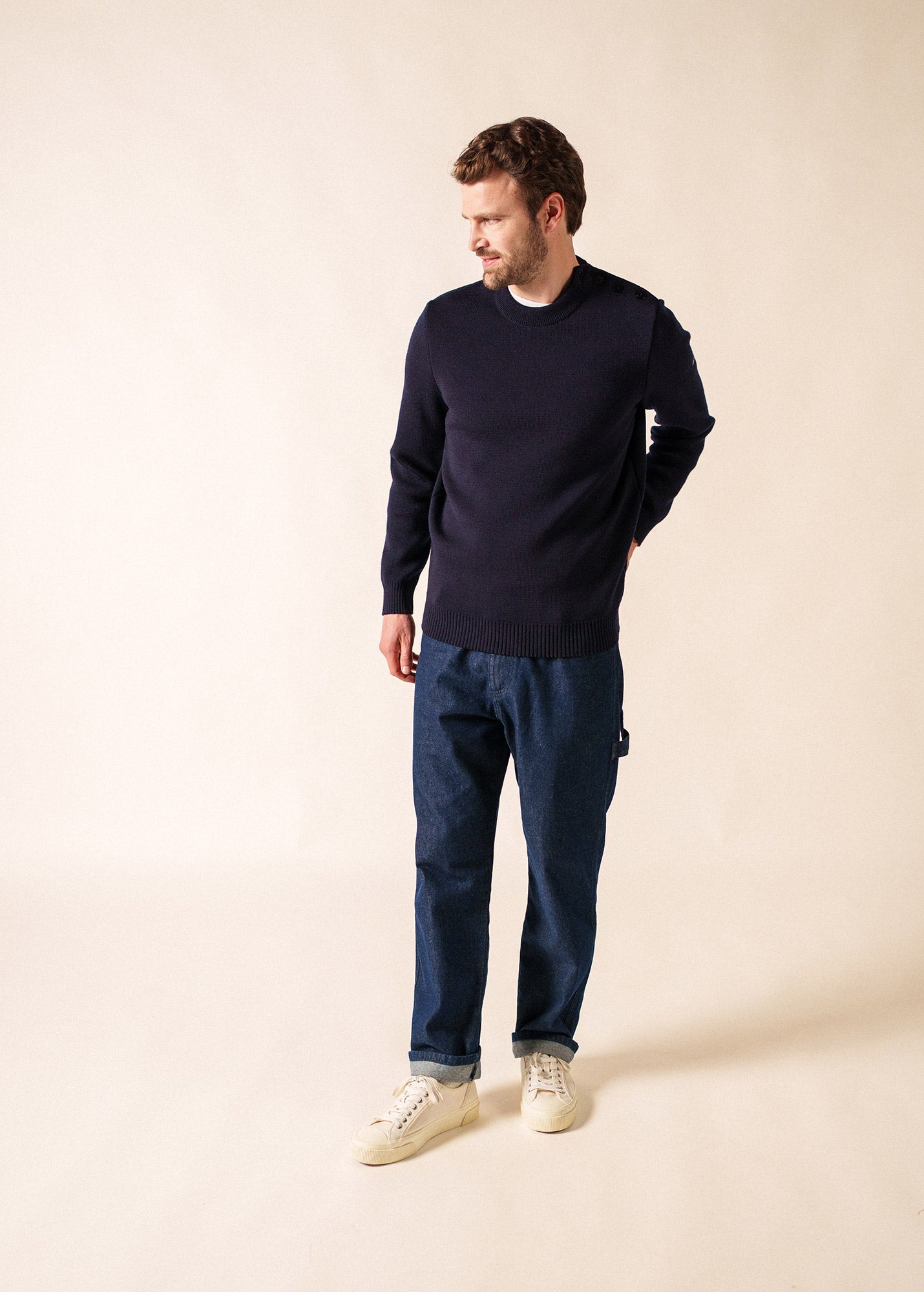 Black Wool Fisherman Sweater with Button Shoulder | Loose Fit