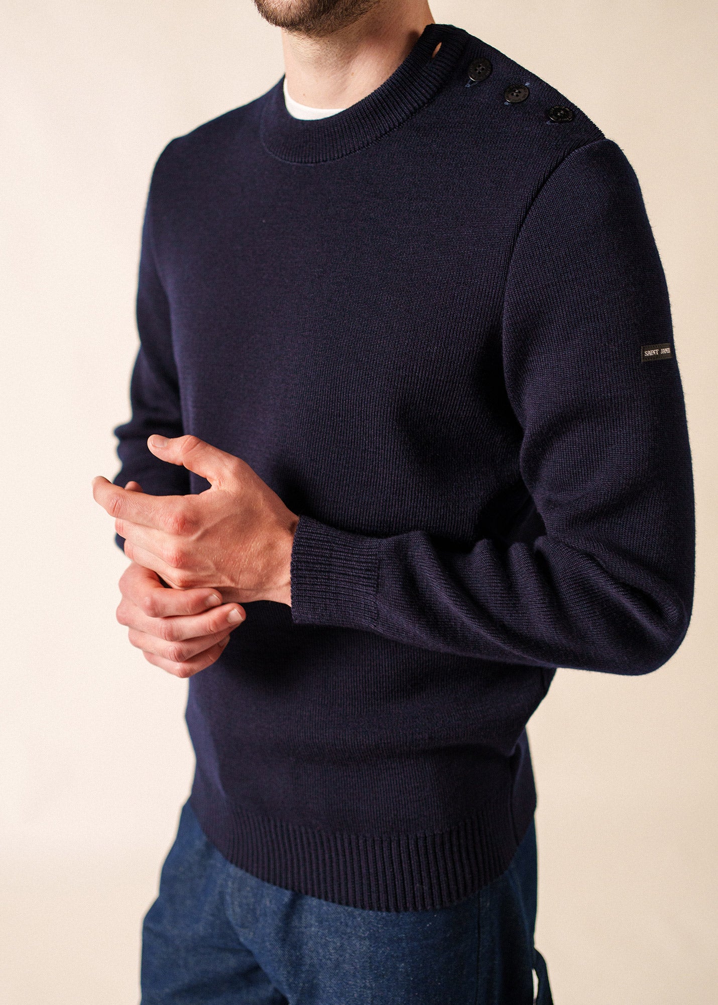 90S フランス製 SAINT JAMES ニット CANCALE ネイビー Black Wool Fisherman Sweater with Button Shoulder | Loose Fit
